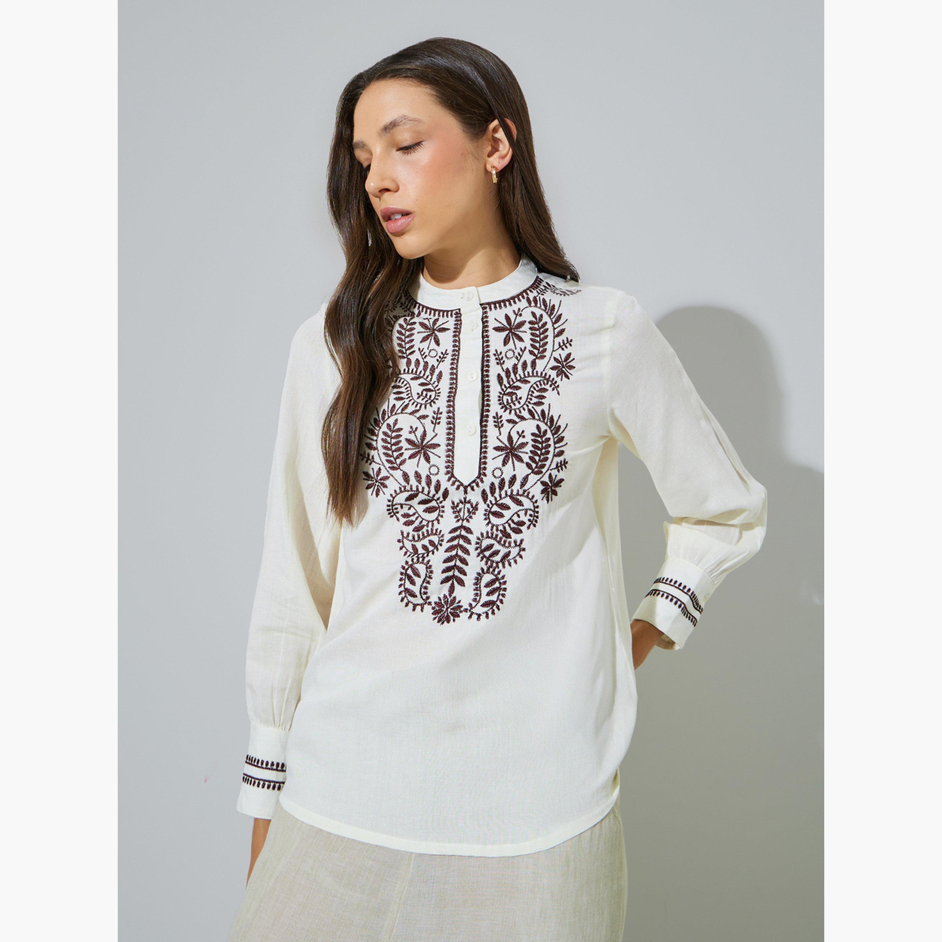 Styli Off White Cotton Embroidered Long Sleeve Blouse-women-clothing-shirtsandblouses-blouses-image-1