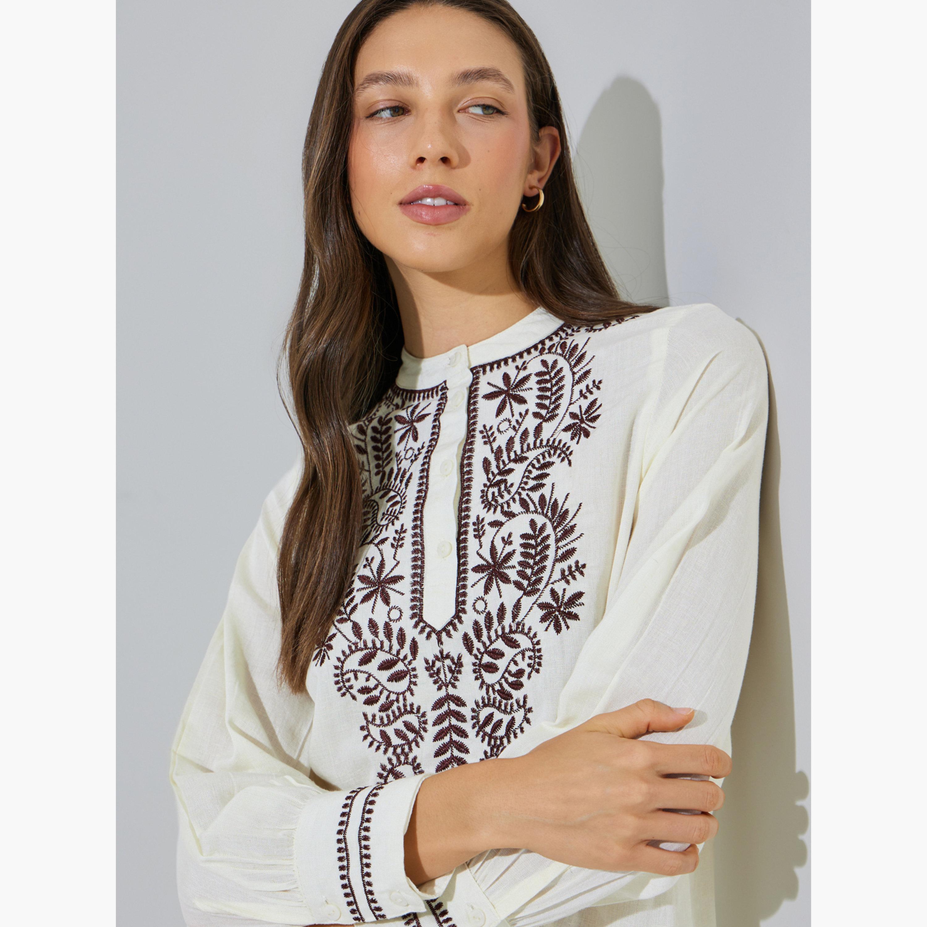 Styli Off White Cotton Embroidered Long Sleeve Blouse-women-clothing-shirtsandblouses-blouses-image-5