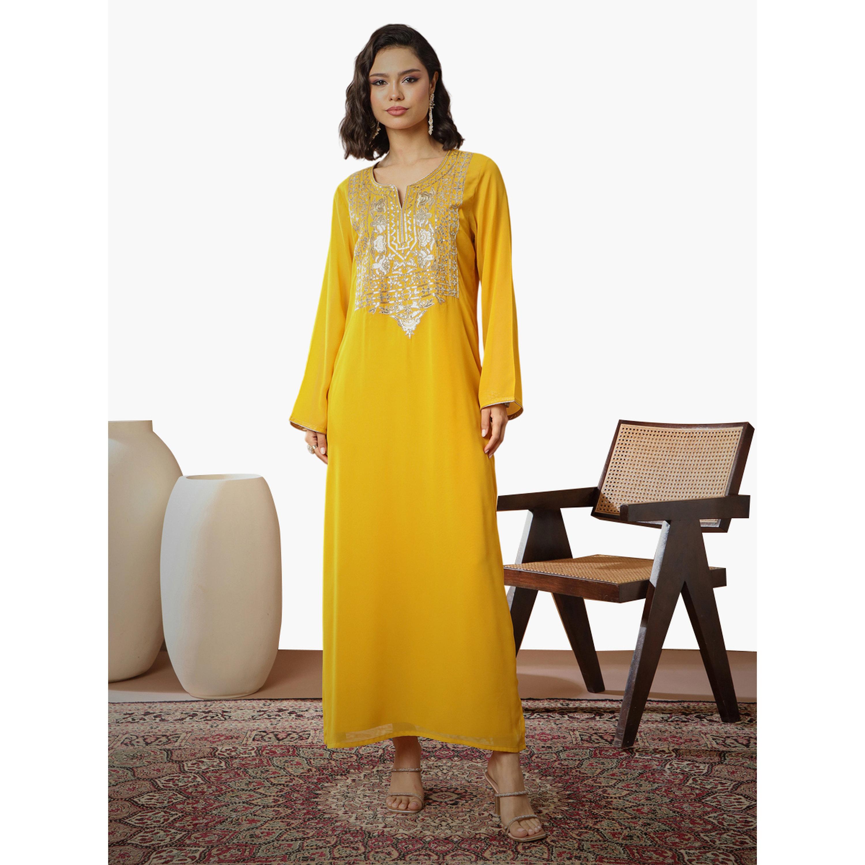 Sassafras X Styli Yellow Embroidered Round Neck Abaya Maxi Dress-women-clothing-dresses-image-1