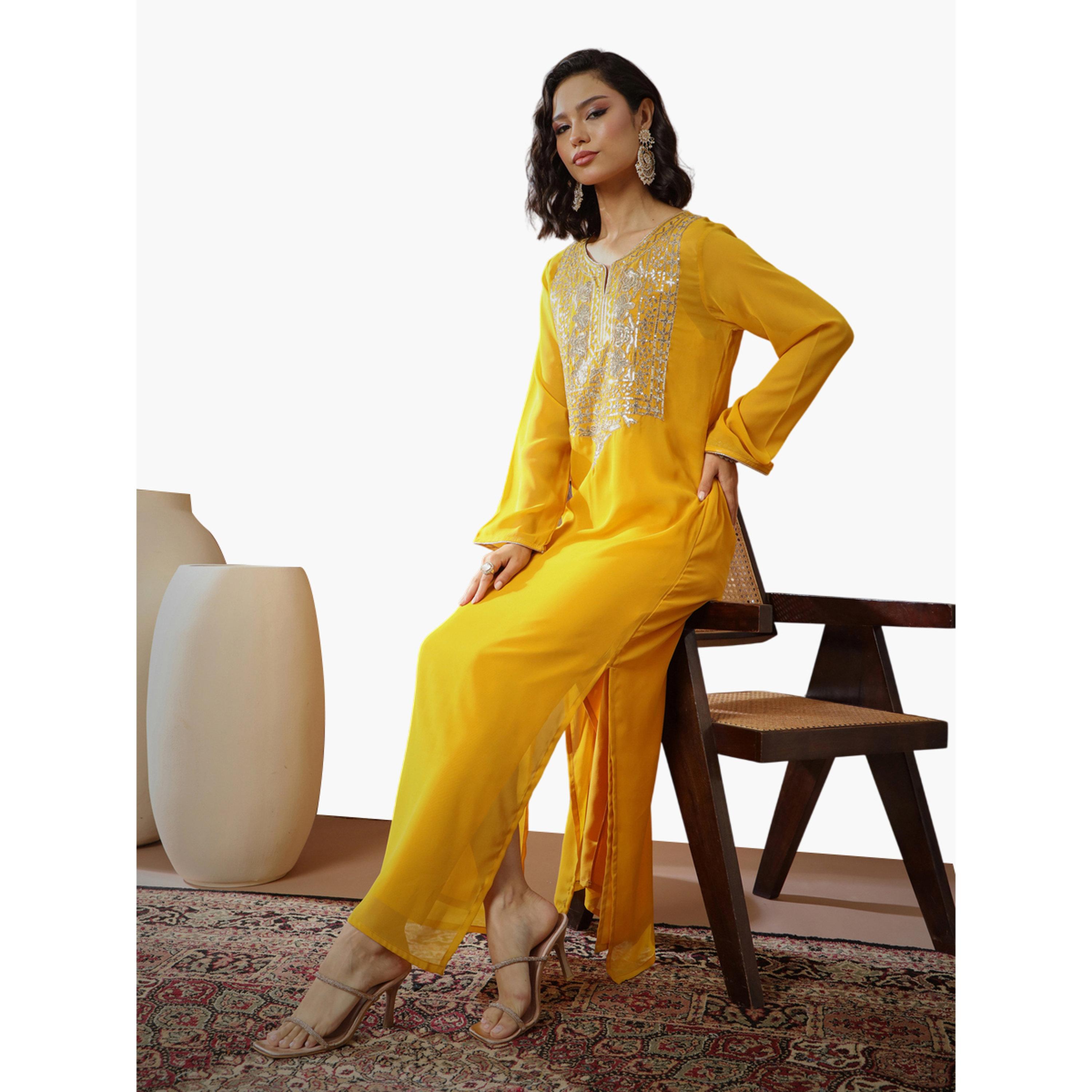 Sassafras X Styli Yellow Embroidered Round Neck Abaya Maxi Dress-women-clothing-dresses-image-2
