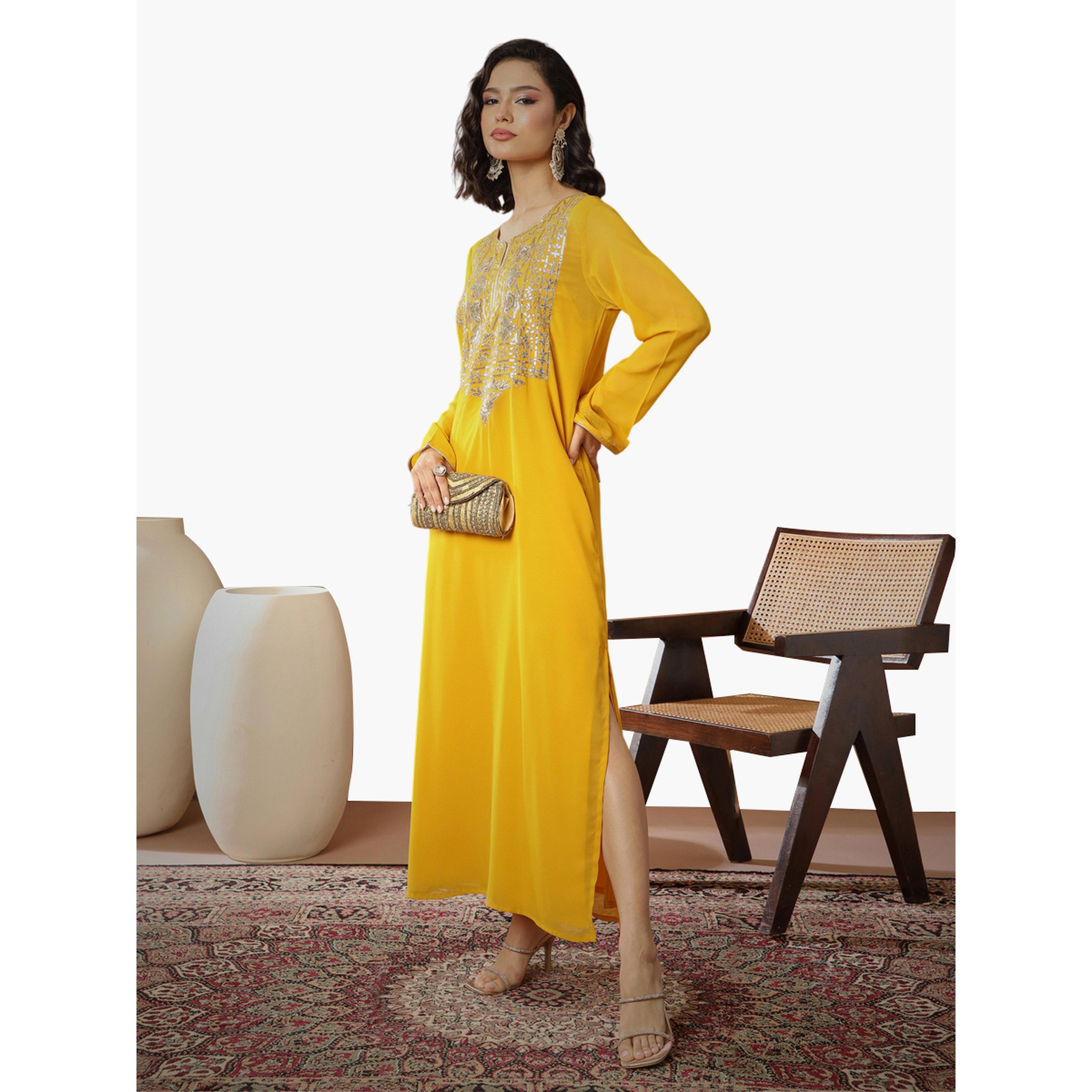 Sassafras X Styli Yellow Embroidered Round Neck Abaya Maxi Dress-women-clothing-dresses-image-3