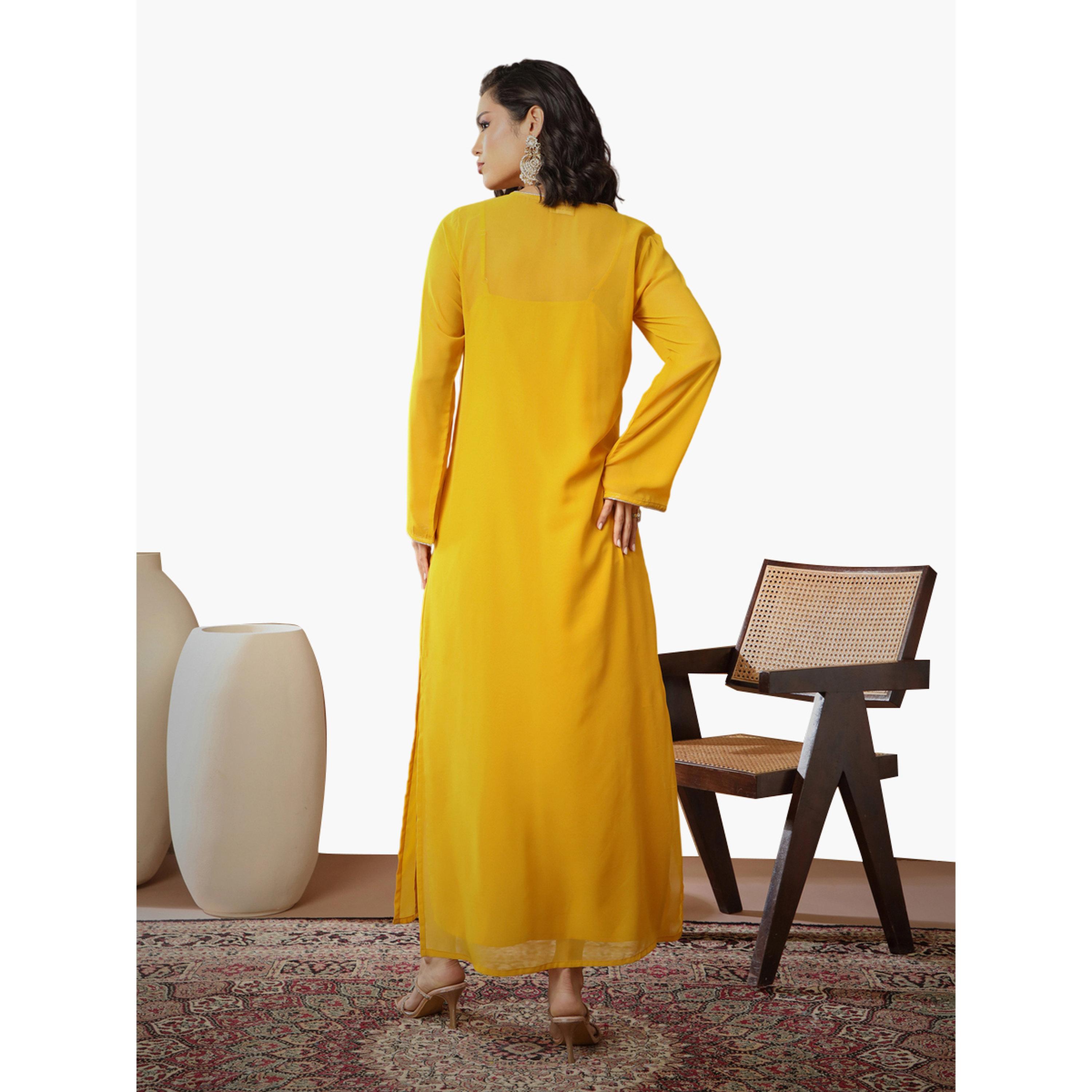 Sassafras X Styli Yellow Embroidered Round Neck Abaya Maxi Dress-women-clothing-dresses-image-4