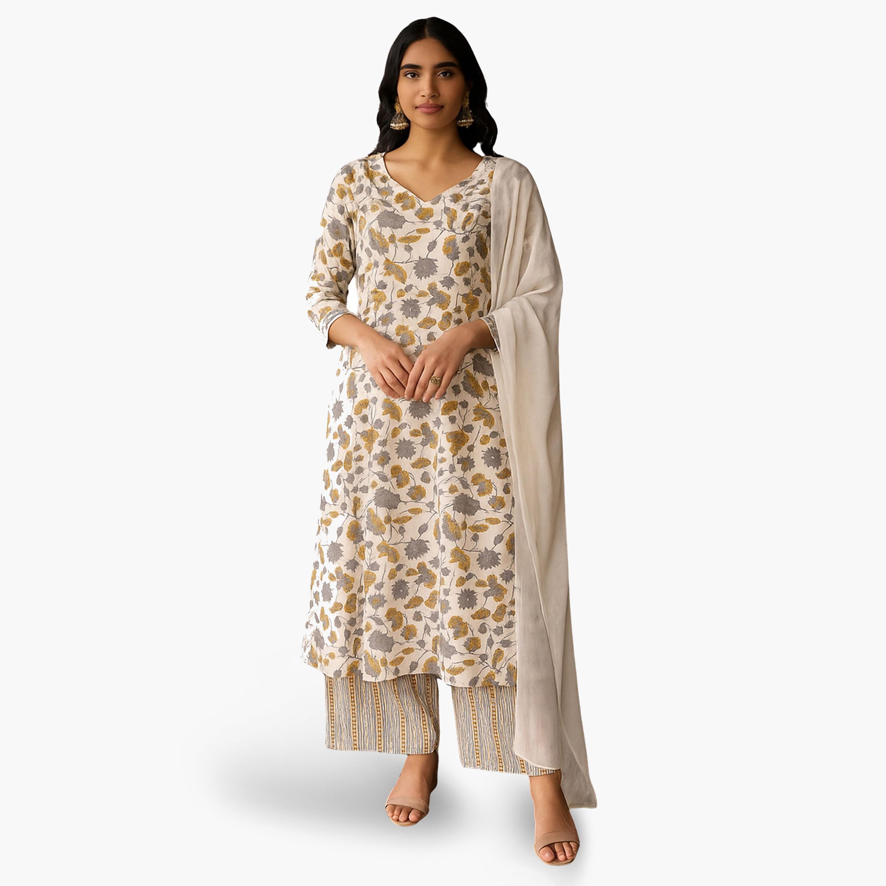 طقم كورتا أناركالي بنقشة زهور مع بنطال ووشاح-women-clothing-coordsets-image-1