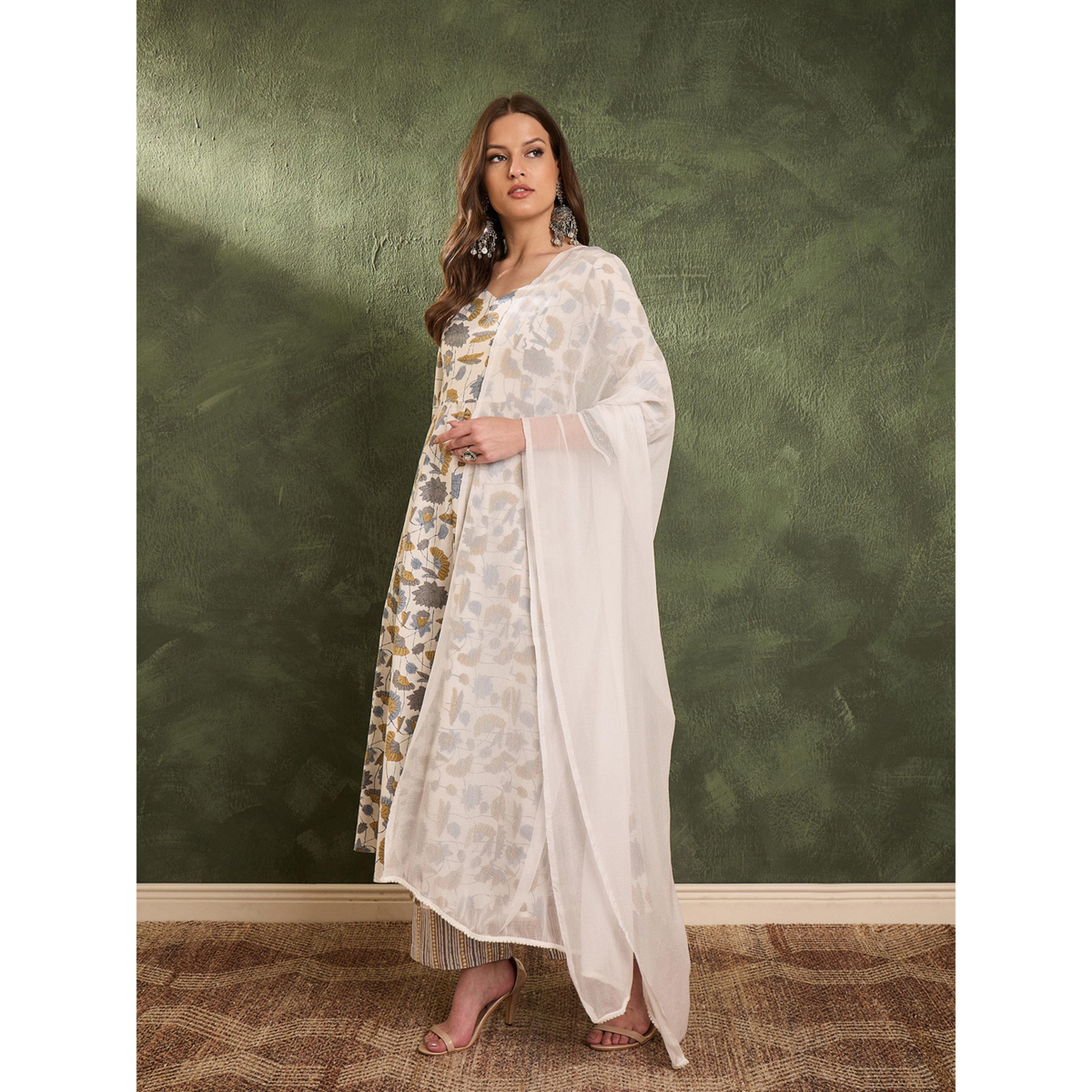 طقم كورتا أناركالي بنقشة زهور مع بنطال ووشاح-women-clothing-coordsets-image-4