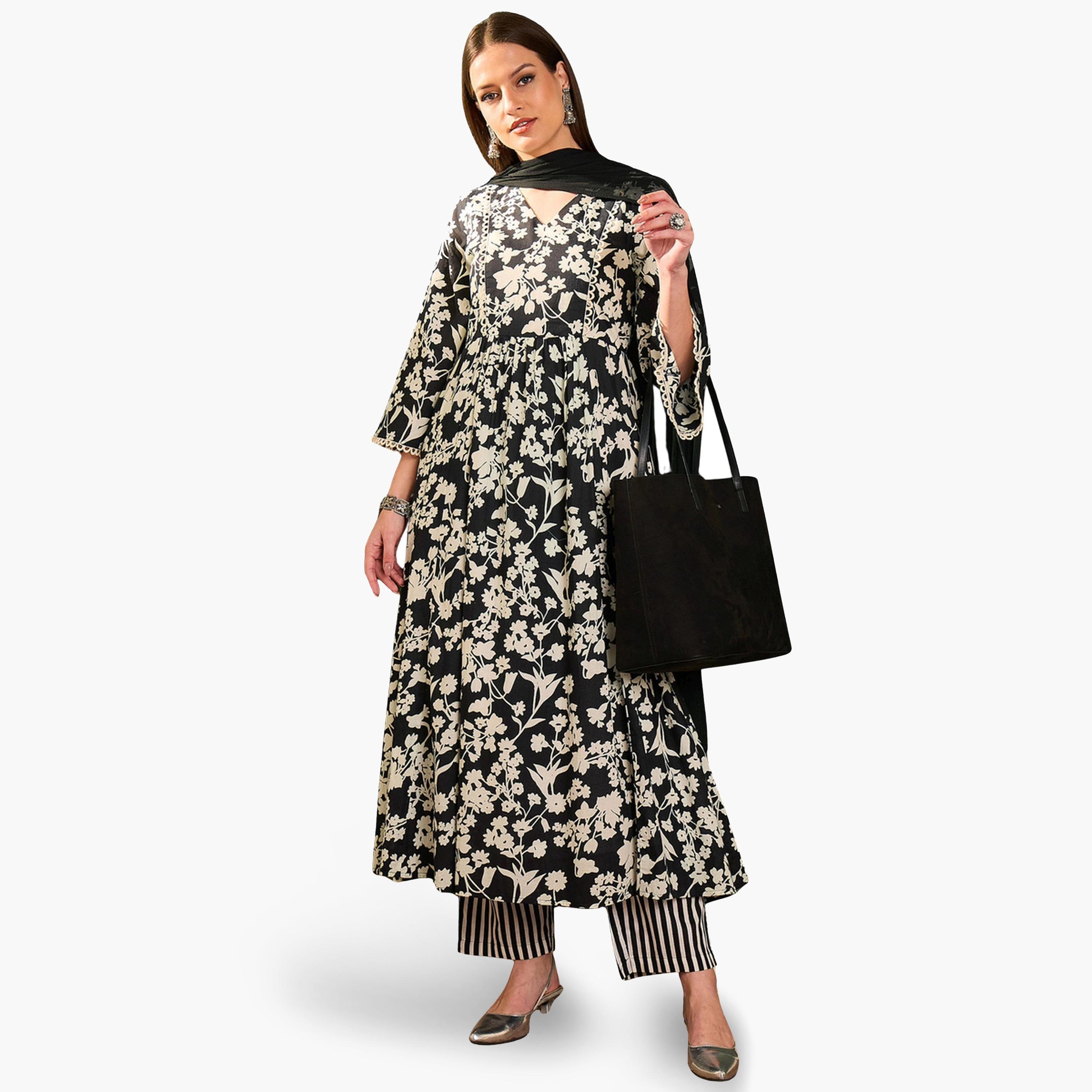 طقم كورتا قطنية مستقيمة مطبوعة مع بنطال ووشاح-women-clothing-coordsets-image-1