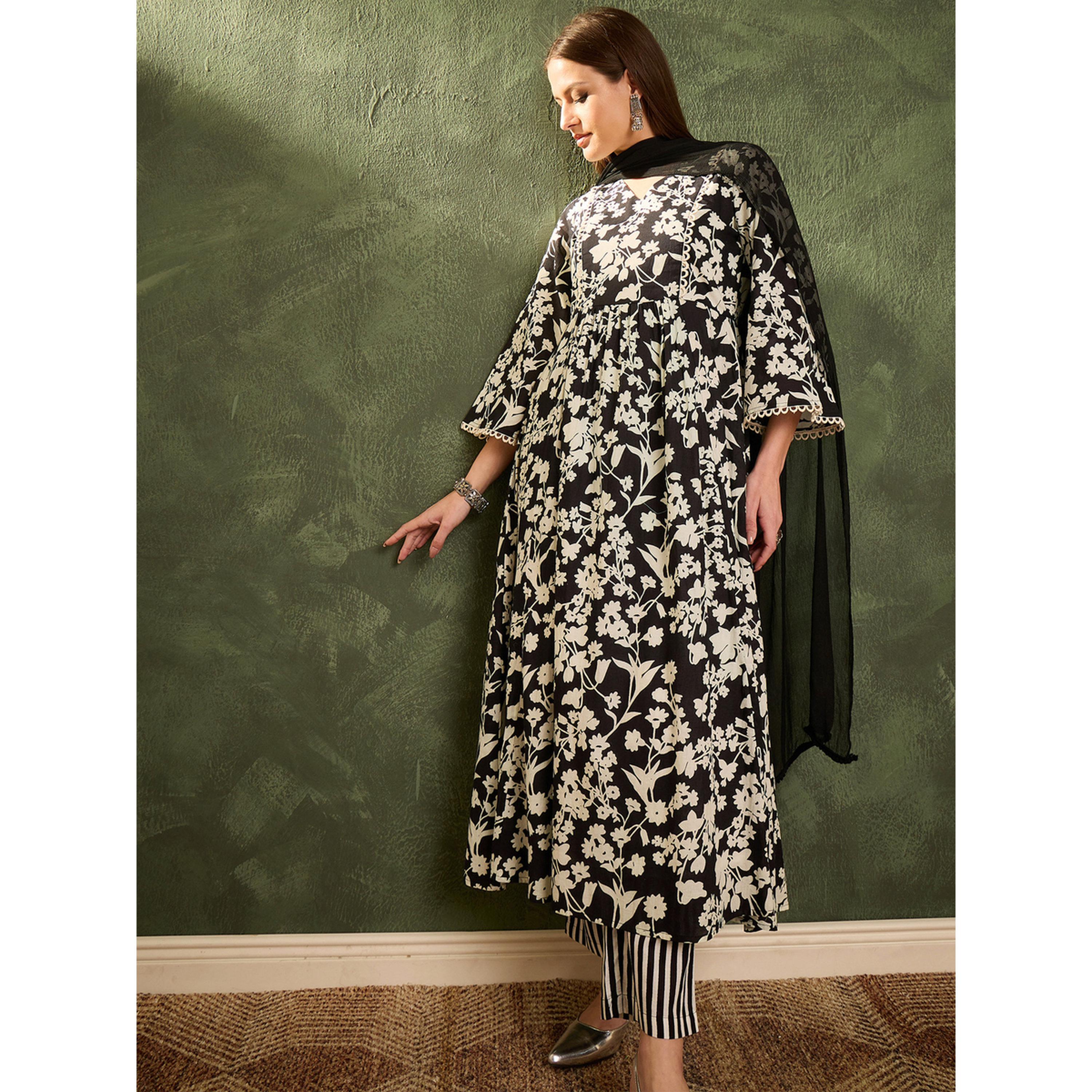 طقم كورتا قطنية مستقيمة مطبوعة مع بنطال ووشاح-women-clothing-coordsets-image-2
