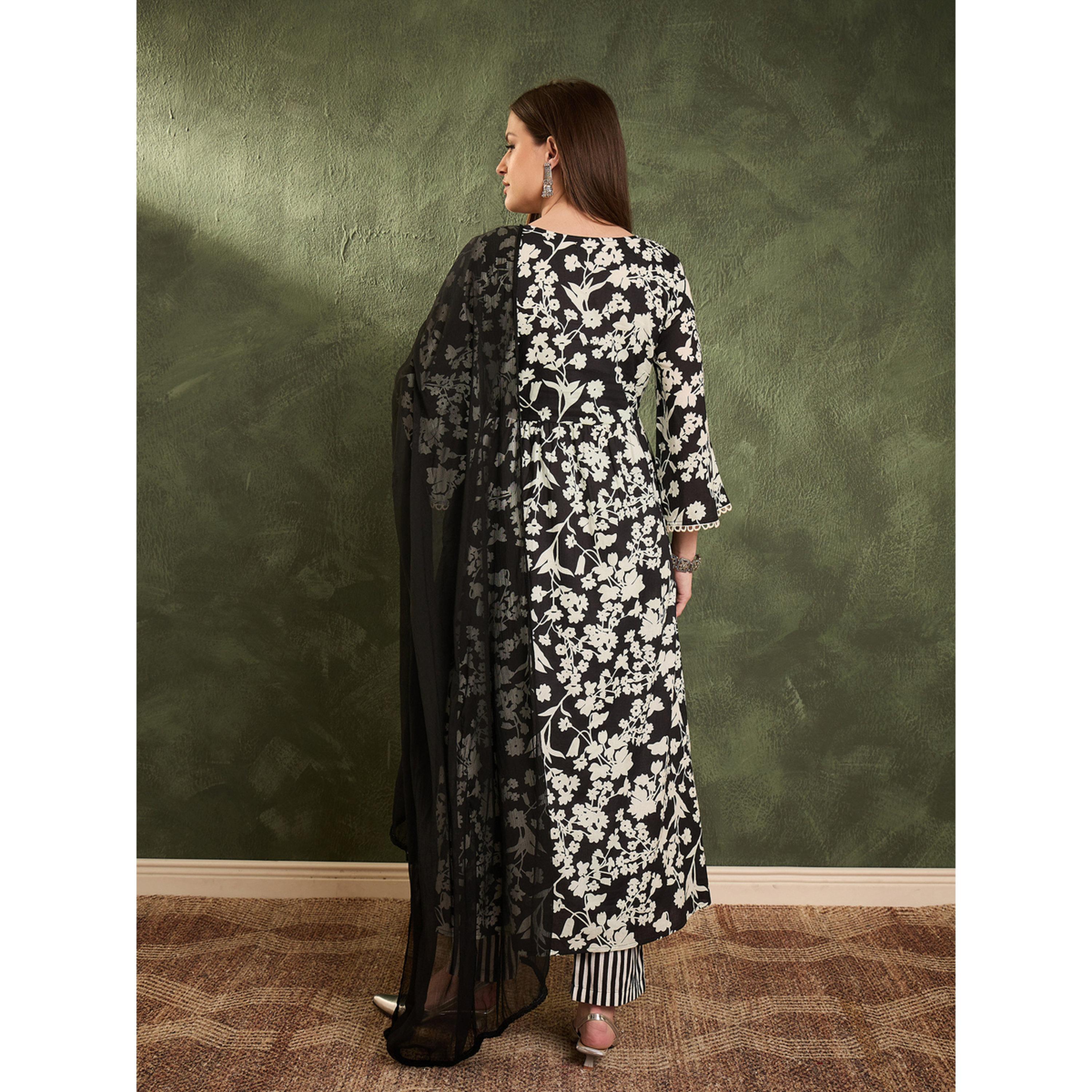 طقم كورتا قطنية مستقيمة مطبوعة مع بنطال ووشاح-women-clothing-coordsets-image-5