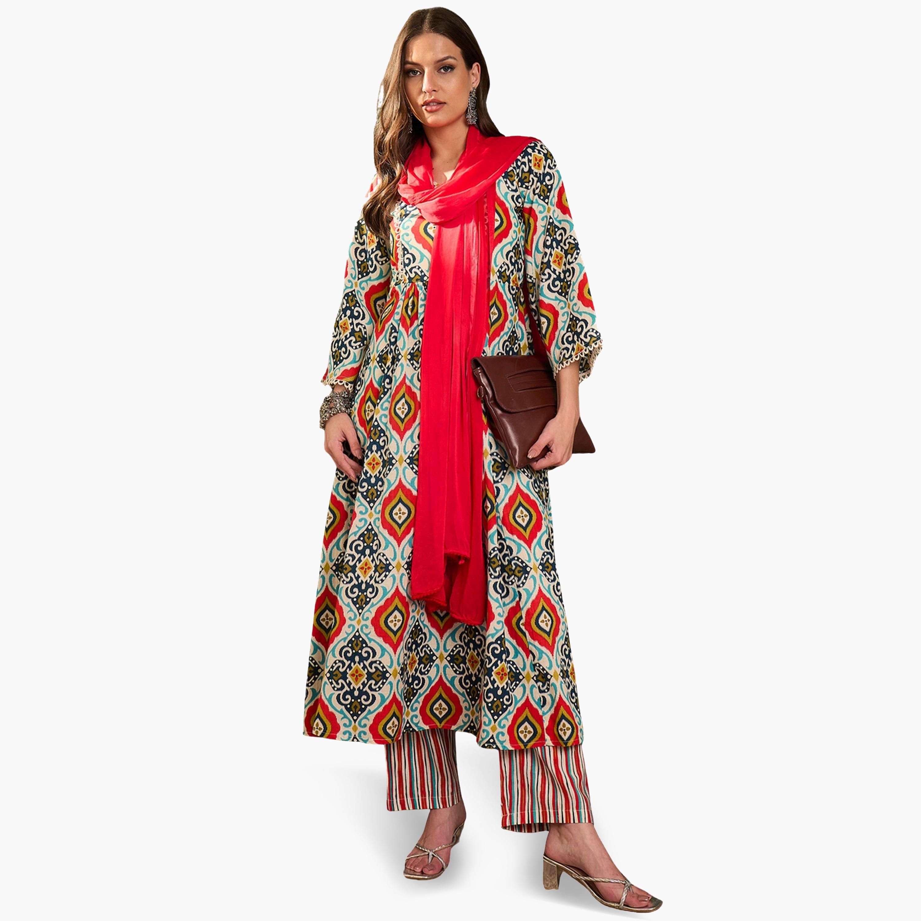 Sassafras Women Printed Straight Cotton Kurta with Pants and Dupatta Set-women-clothing-coordsets-image-1