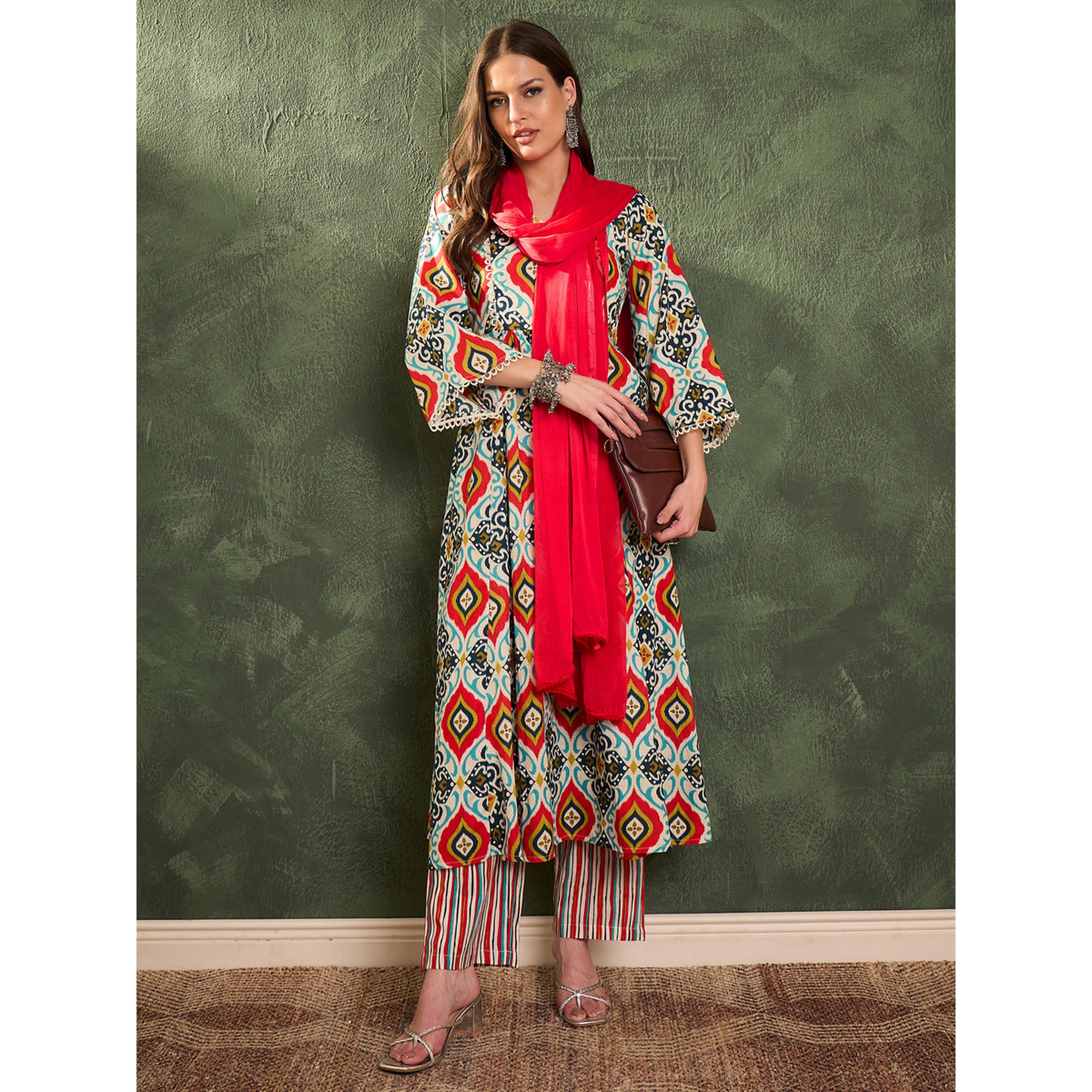طقم كورتا قطنية مستقيمة مطبوعة مع بنطال ووشاح-women-clothing-coordsets-image-2