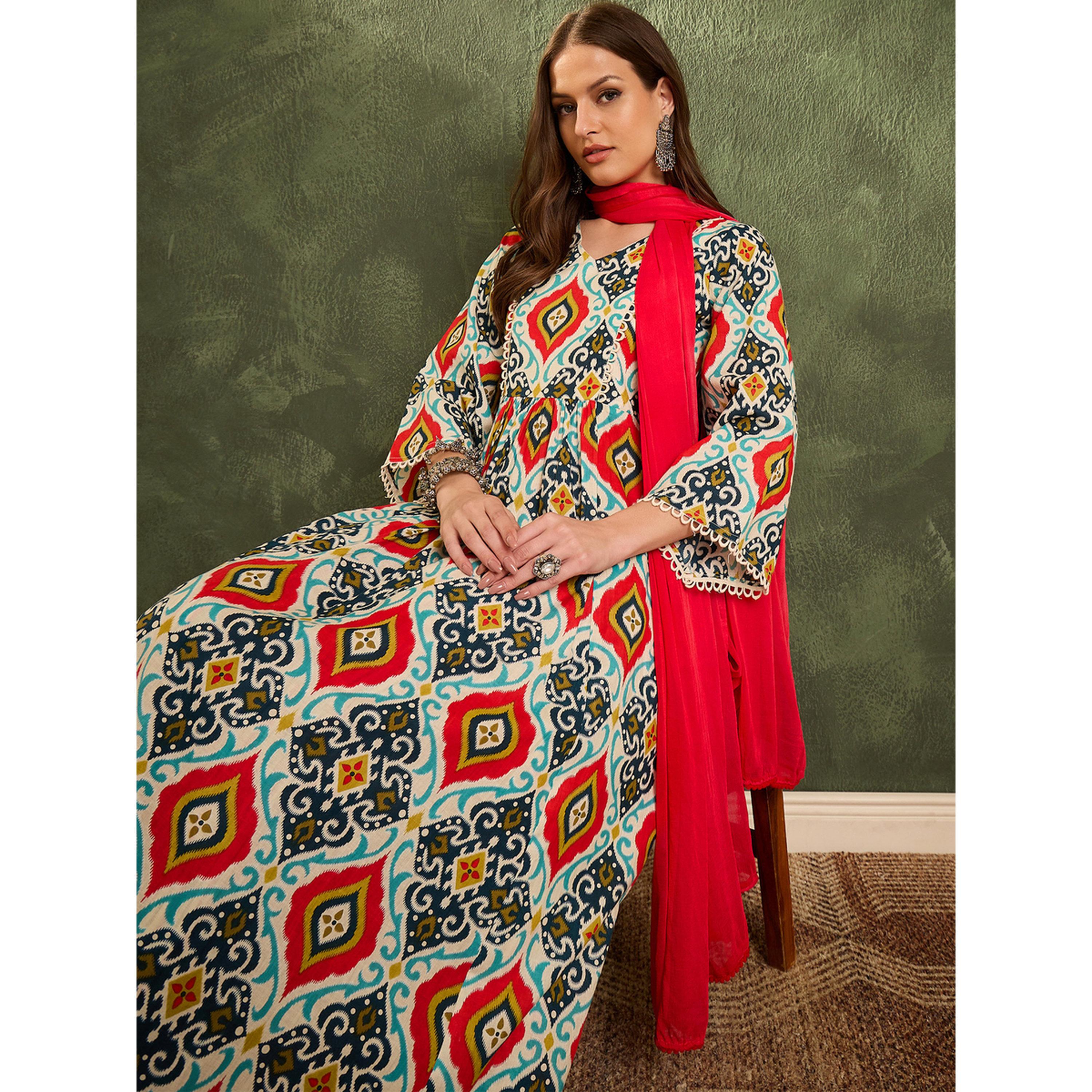 طقم كورتا قطنية مستقيمة مطبوعة مع بنطال ووشاح-women-clothing-coordsets-image-3