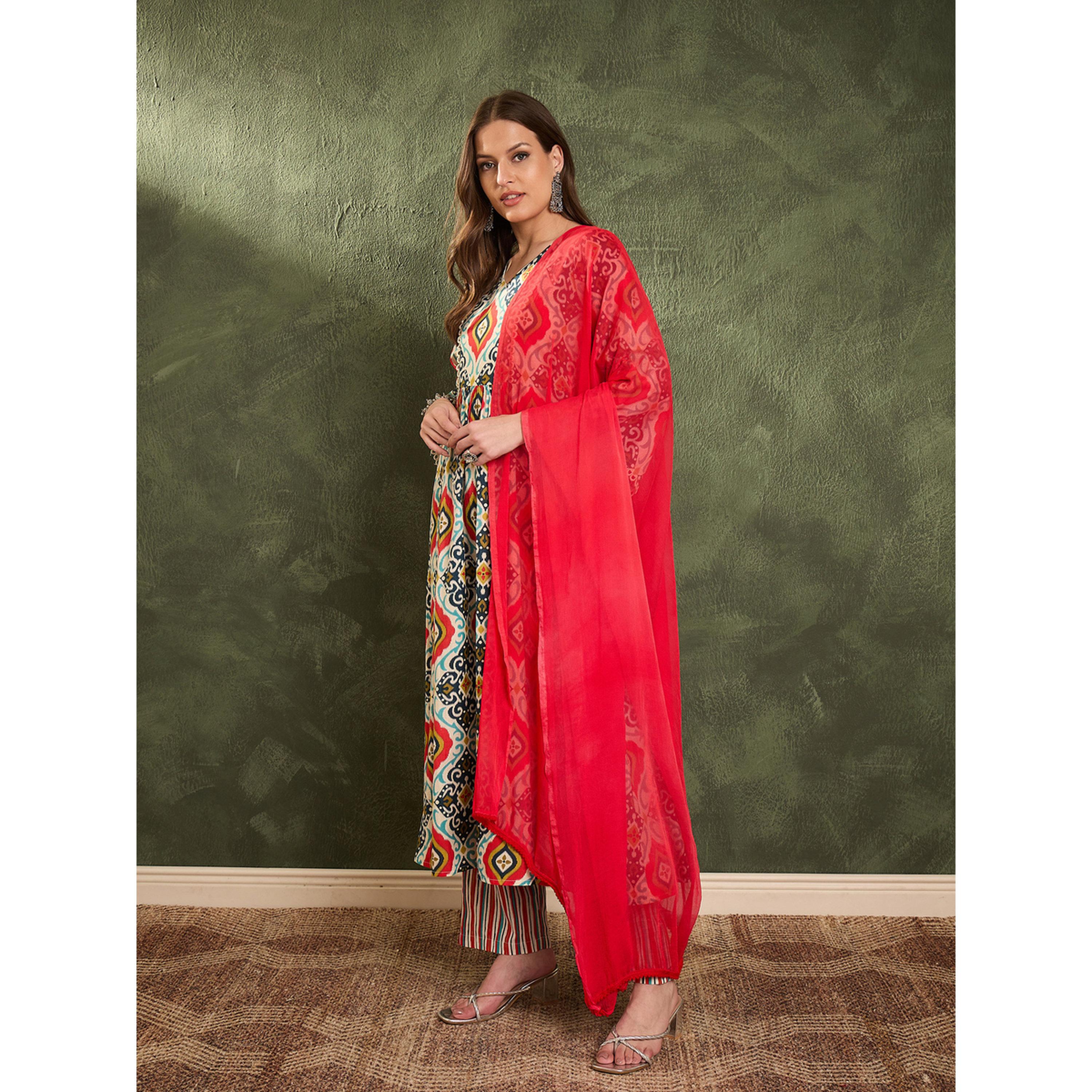 Sassafras Women Printed Straight Cotton Kurta with Pants and Dupatta Set-women-clothing-coordsets-image-4