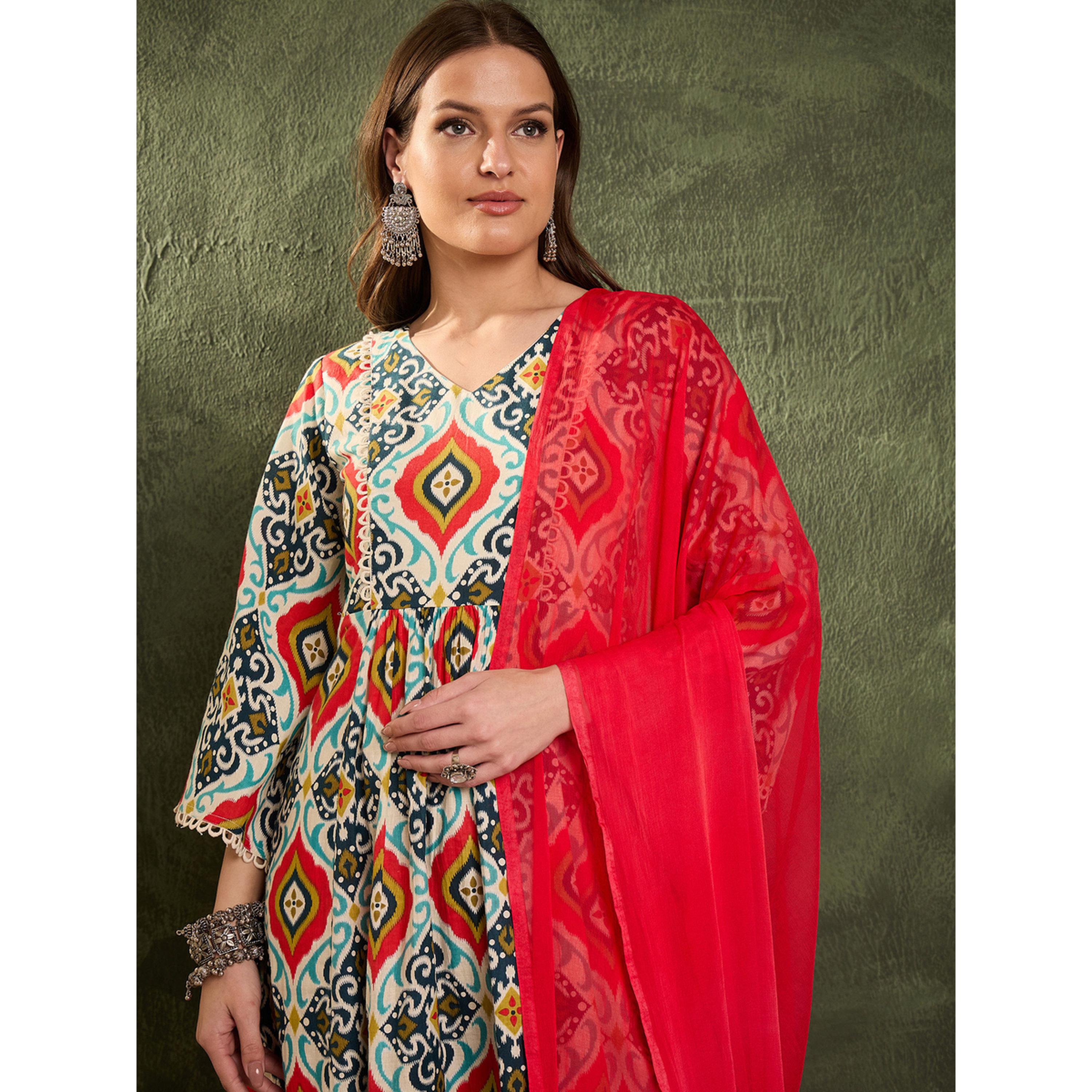 طقم كورتا قطنية مستقيمة مطبوعة مع بنطال ووشاح-women-clothing-coordsets-image-5