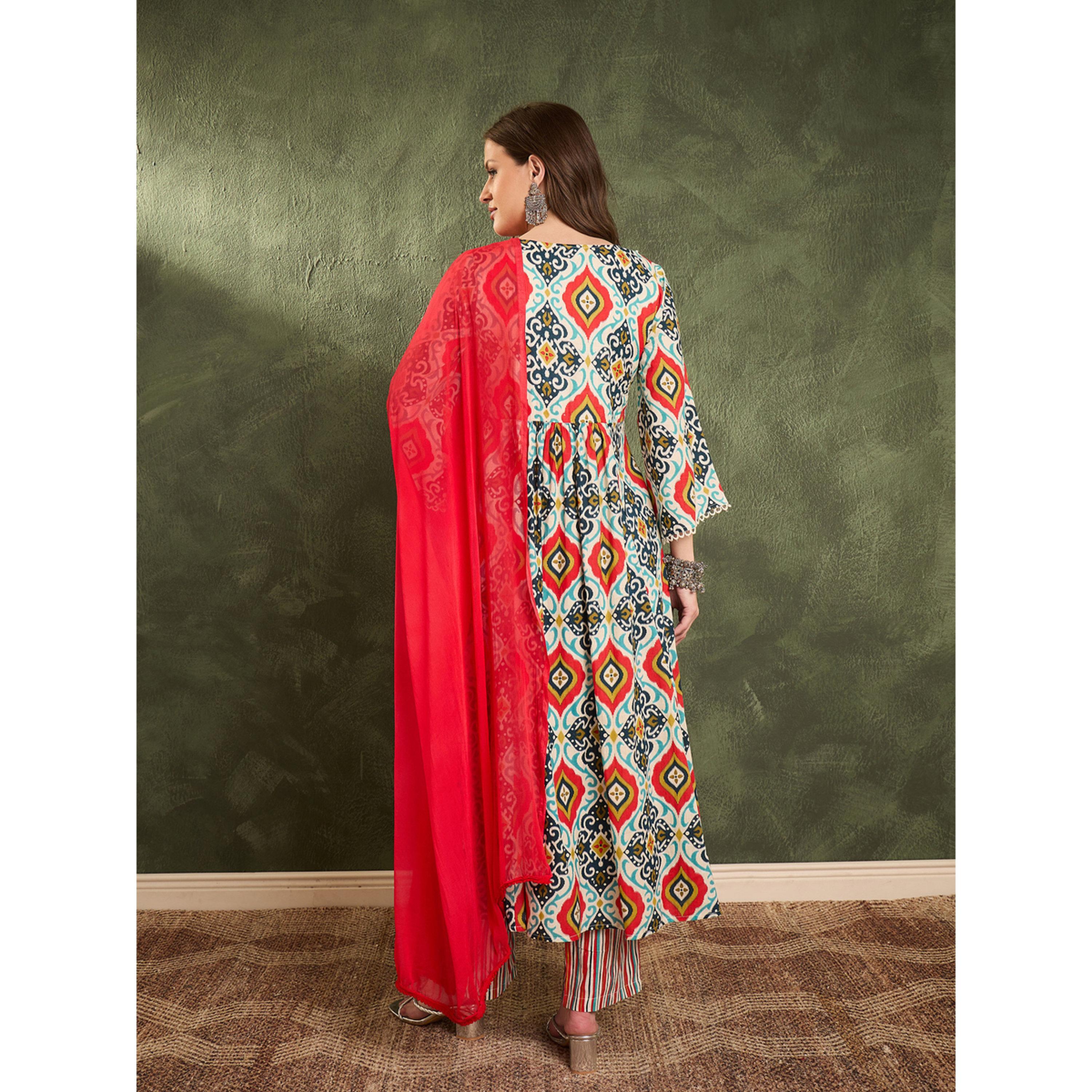 طقم كورتا قطنية مستقيمة مطبوعة مع بنطال ووشاح-women-clothing-coordsets-image-6