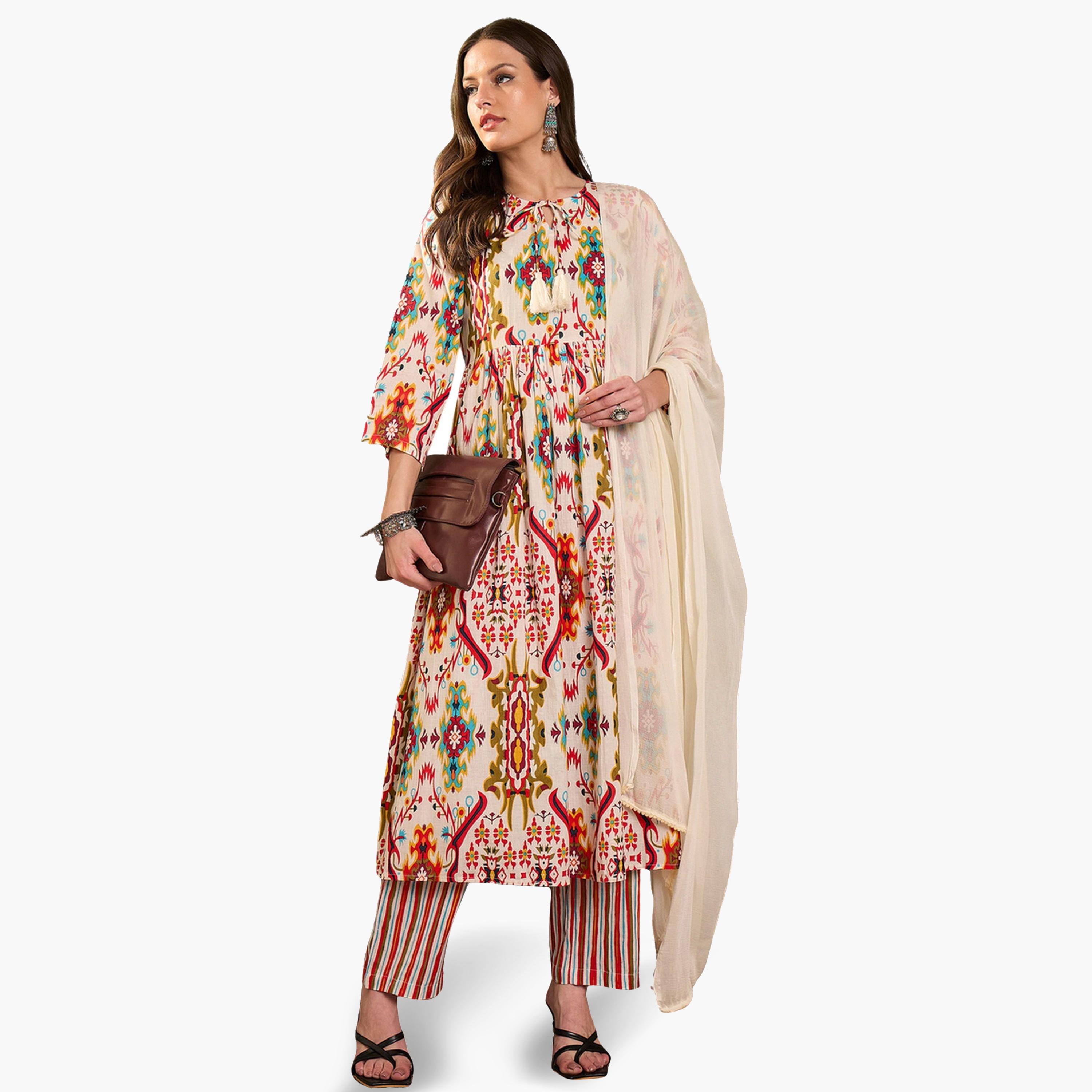 Sassafras Women Red Printed Cotton Kurta with Pants and Dupatta Set-women-clothing-coordsets-image-1
