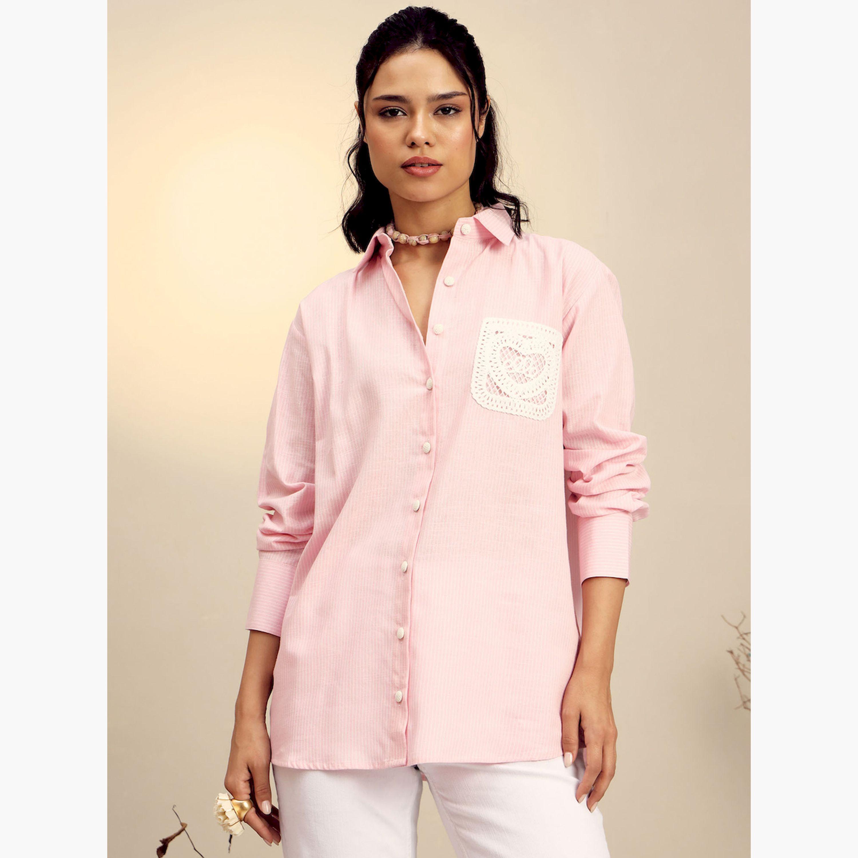 Sassafras Pink Striped Long Sleeve Shirt with Crochet Pocket-women-clothing-shirtsandblouses-shirts-image-1