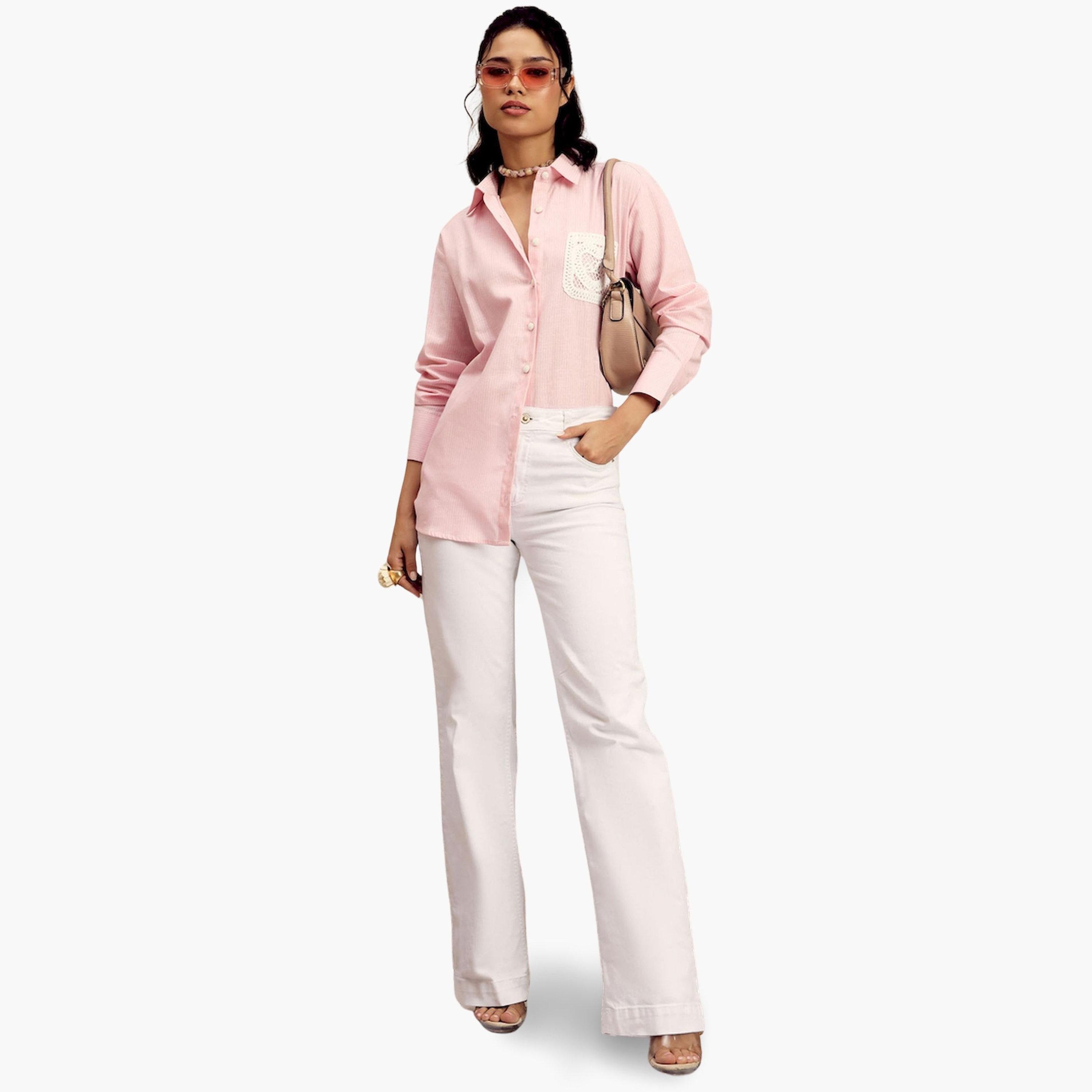 Sassafras Pink Striped Long Sleeve Shirt with Crochet Pocket-women-clothing-shirtsandblouses-shirts-image-2