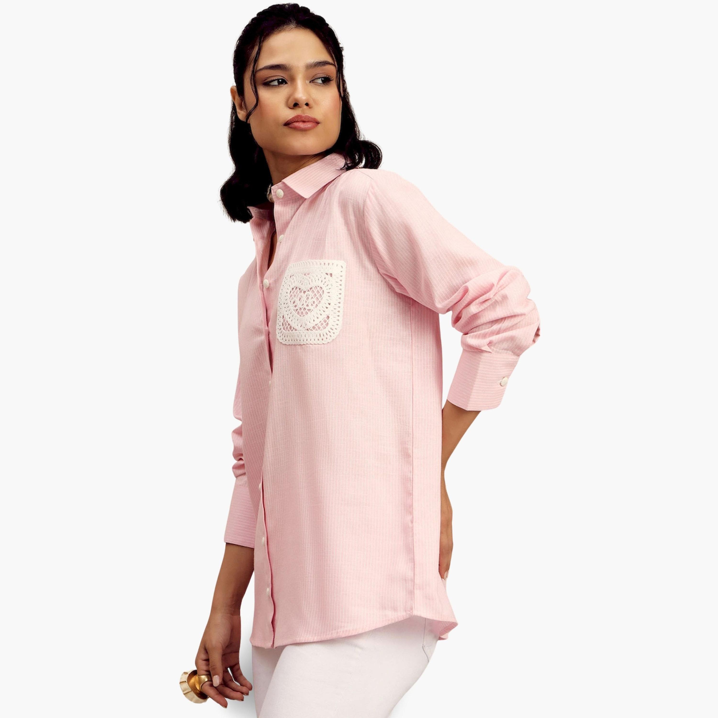 Sassafras Pink Striped Long Sleeve Shirt with Crochet Pocket-women-clothing-shirtsandblouses-shirts-image-3