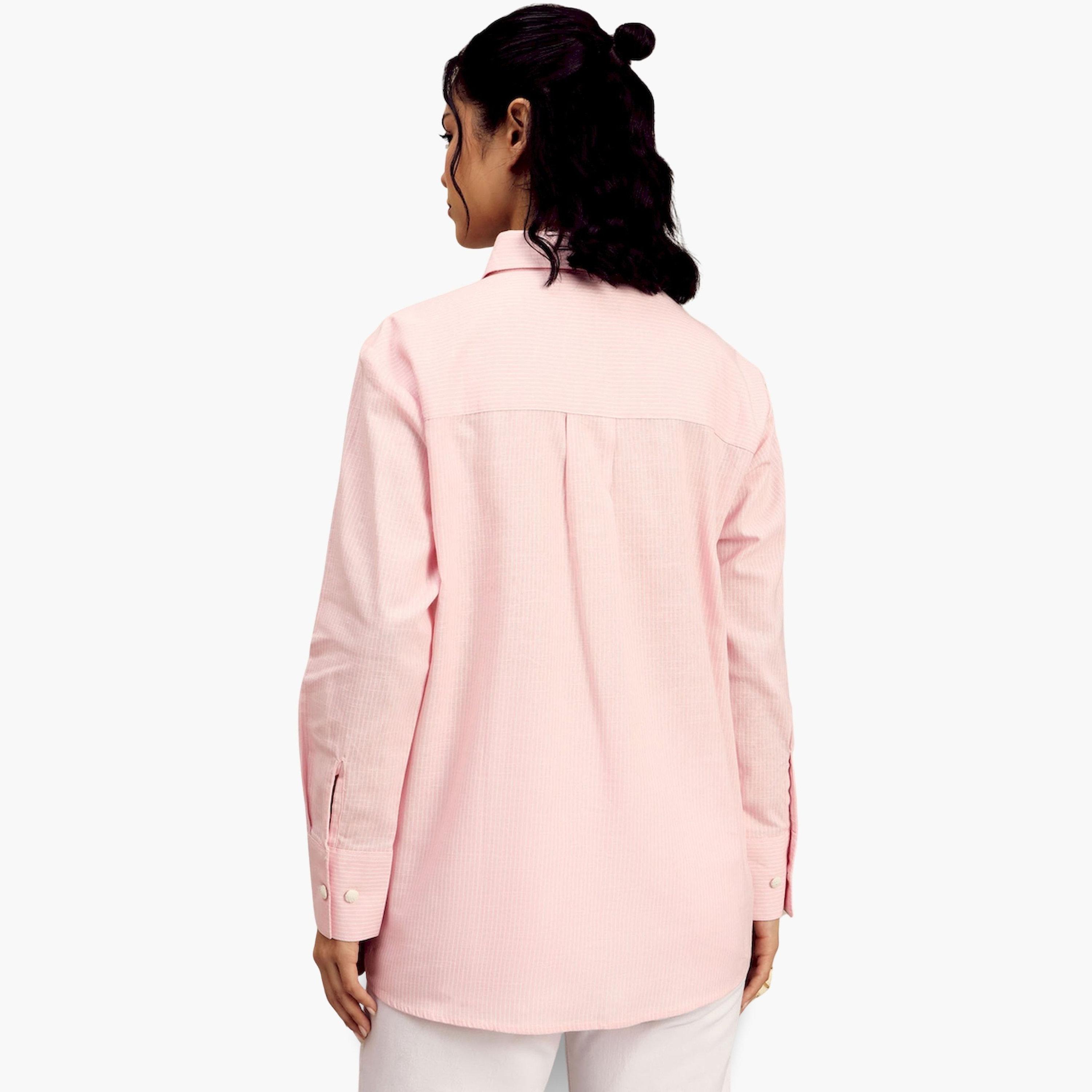 Sassafras Pink Striped Long Sleeve Shirt with Crochet Pocket-women-clothing-shirtsandblouses-shirts-image-4