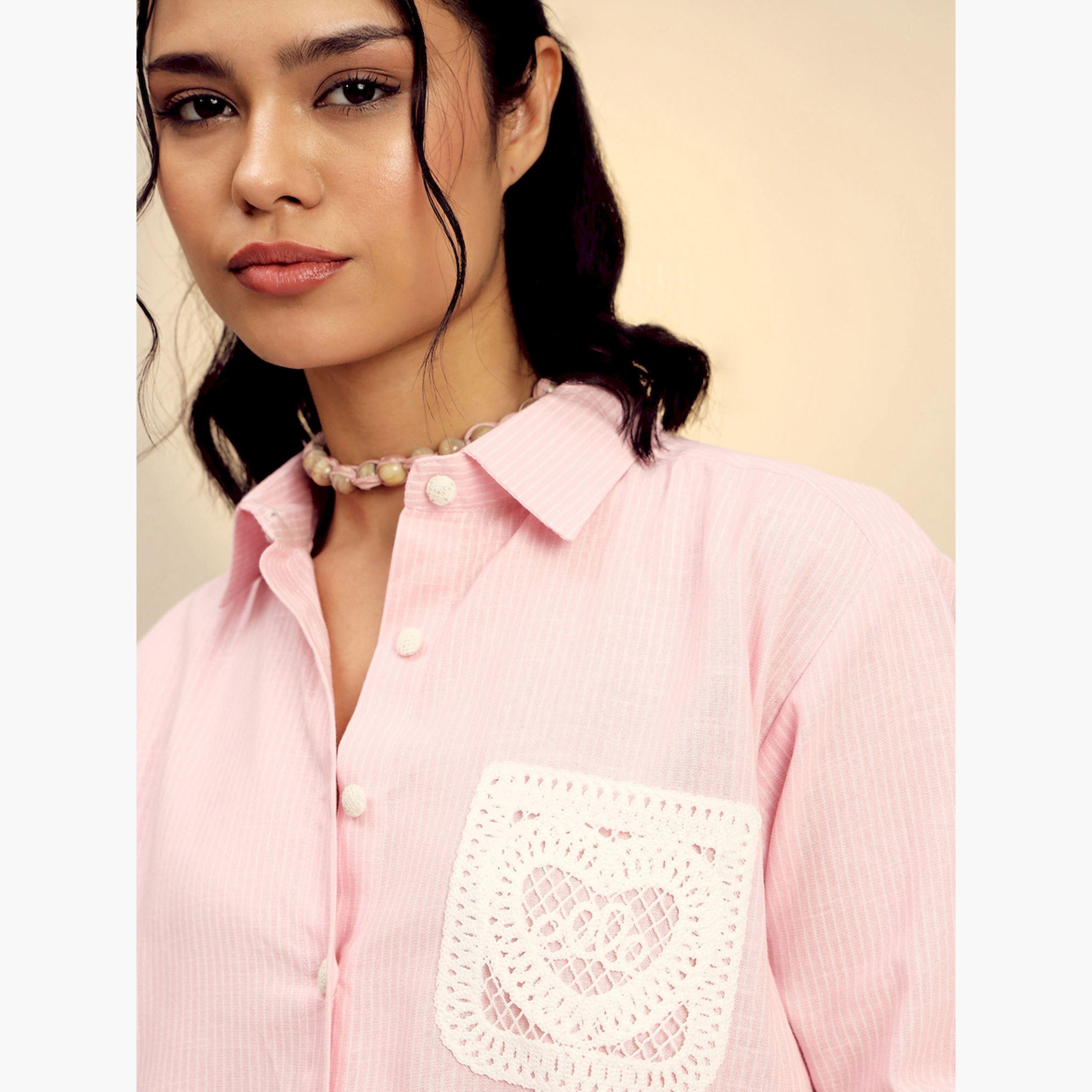 Sassafras Pink Striped Long Sleeve Shirt with Crochet Pocket-women-clothing-shirtsandblouses-shirts-image-5