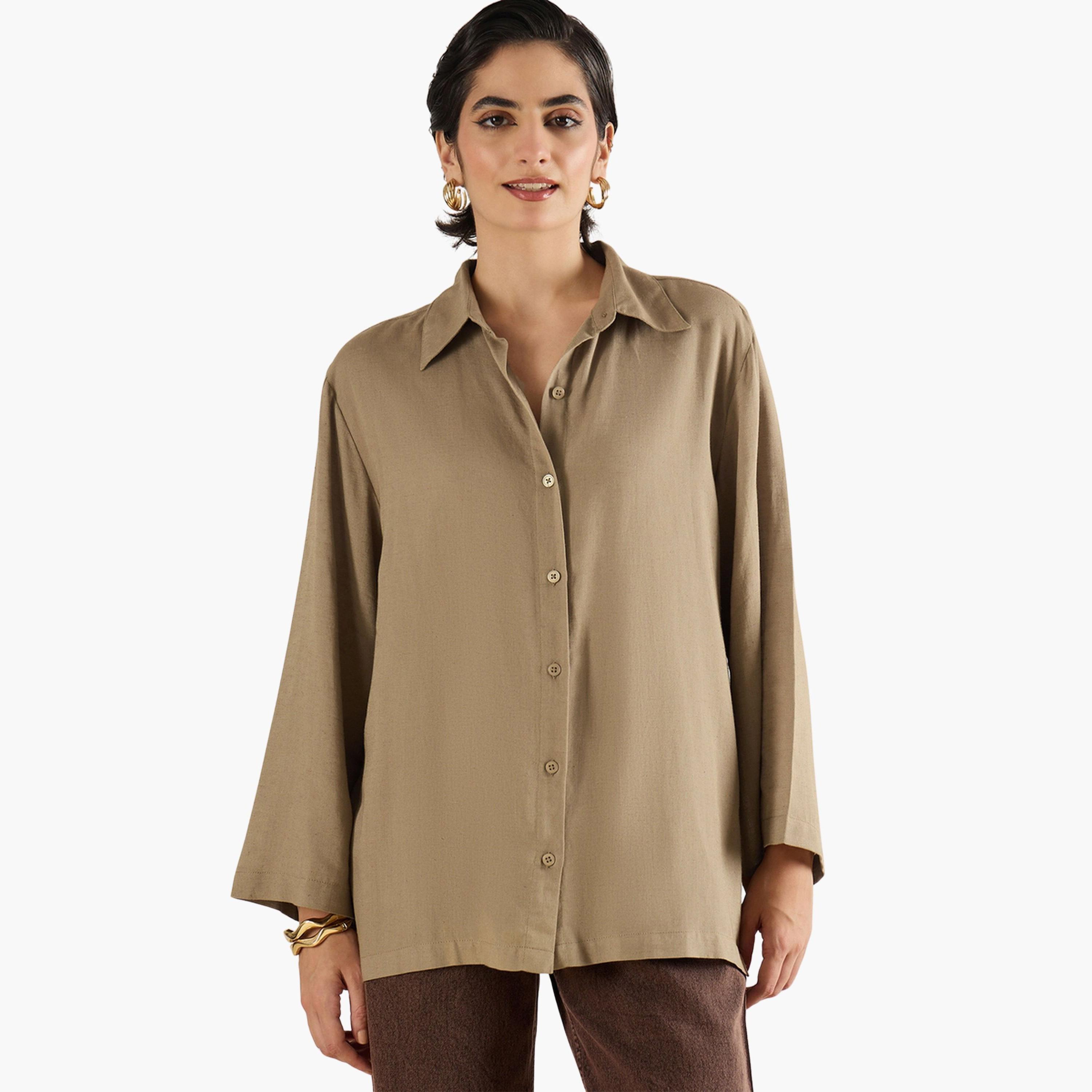 بلوزة كتان واسعة بأزرار غلق وأكمام طويلة-women-clothing-shirtsandblouses-shirts-image-1