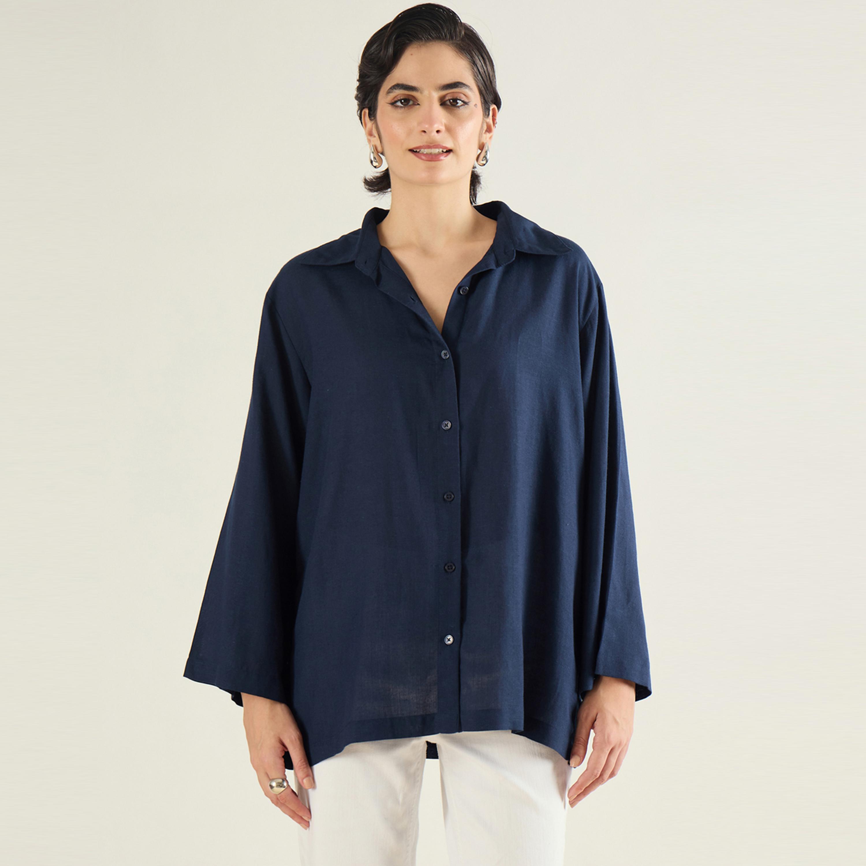 Sassafras Women Navy Blue Linen Oversized Shirt-women-clothing-shirtsandblouses-shirts-image-1