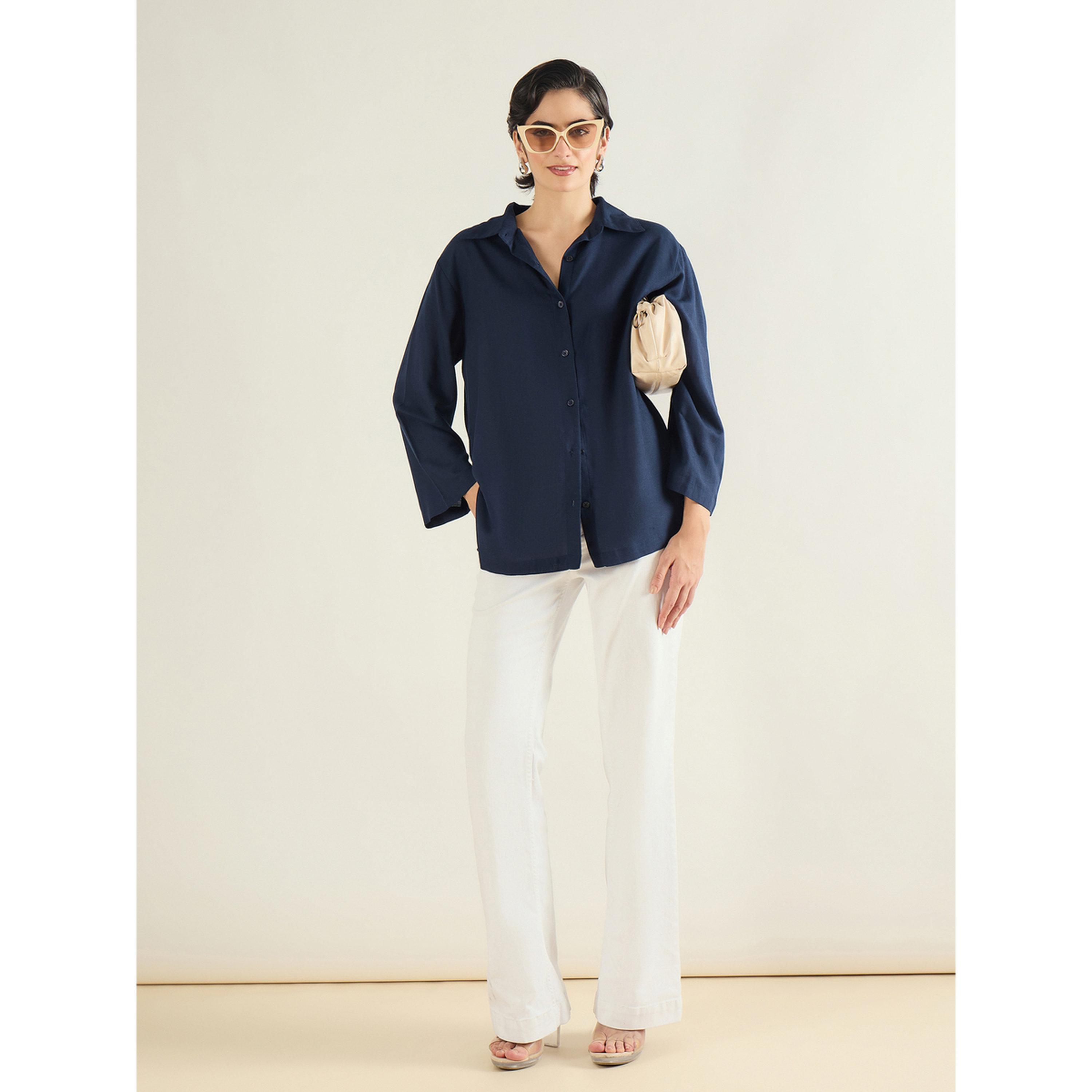 Sassafras Women Navy Blue Linen Oversized Shirt-women-clothing-shirtsandblouses-shirts-image-2