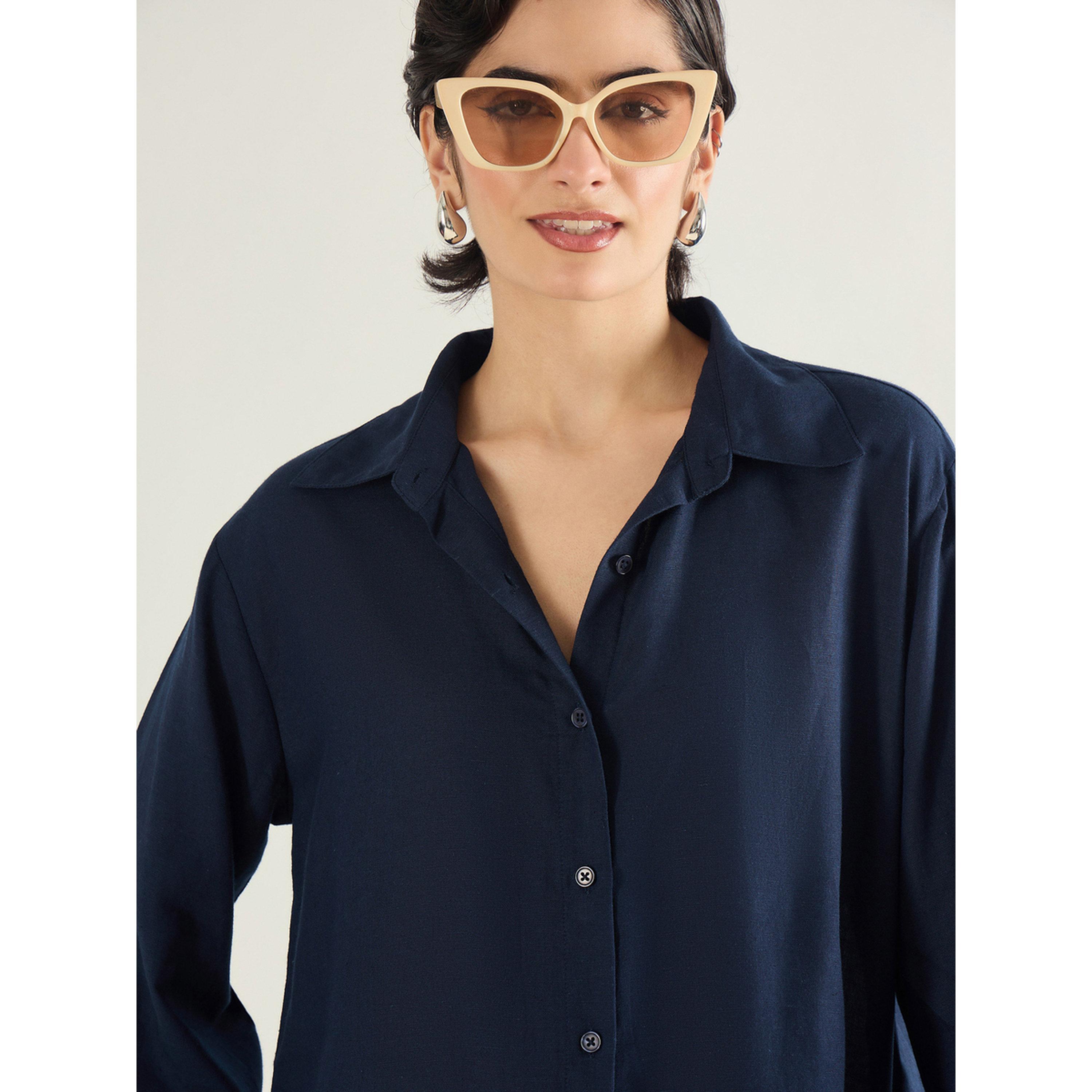 Sassafras Women Navy Blue Linen Oversized Shirt-women-clothing-shirtsandblouses-shirts-image-4