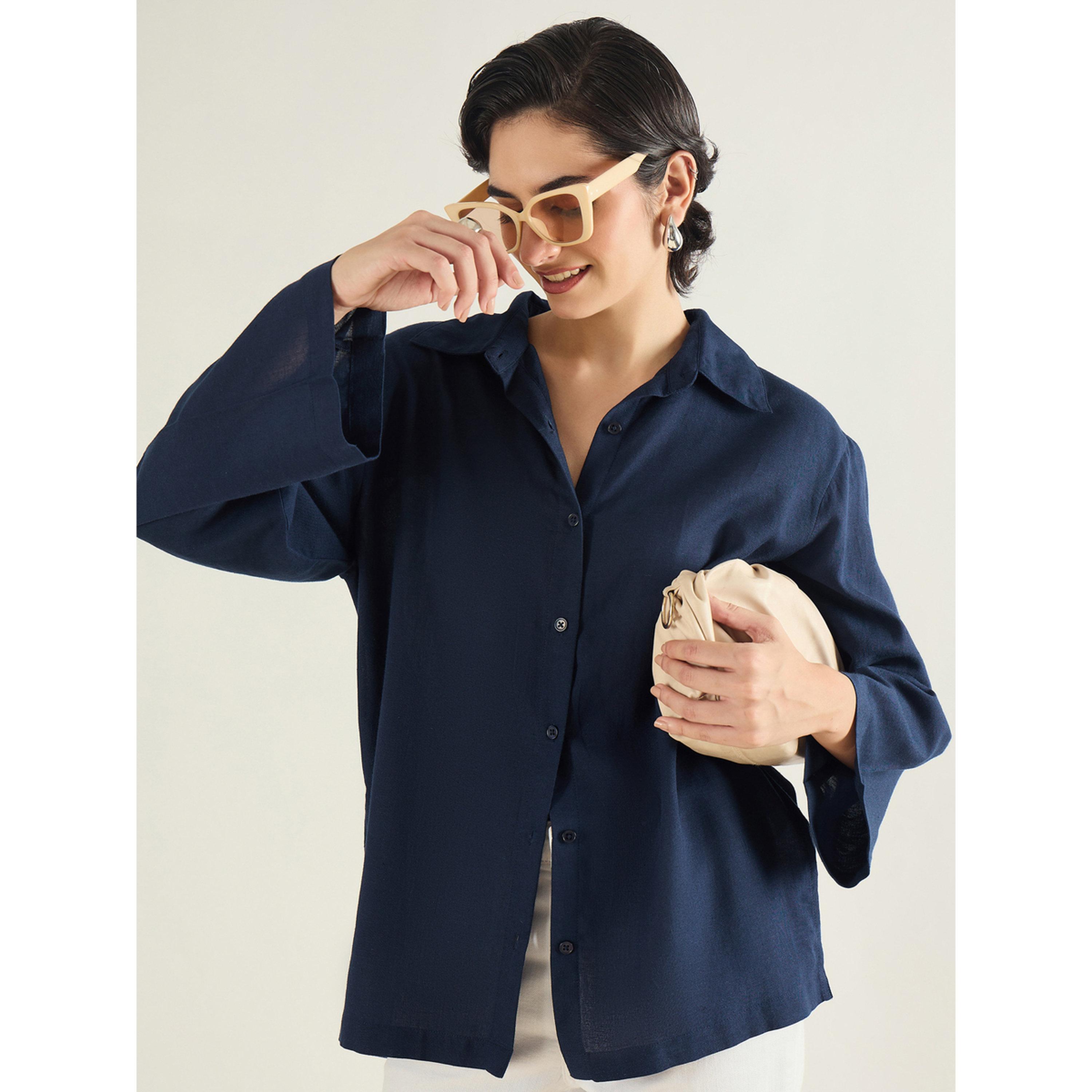Sassafras Women Navy Blue Linen Oversized Shirt-women-clothing-shirtsandblouses-shirts-image-6
