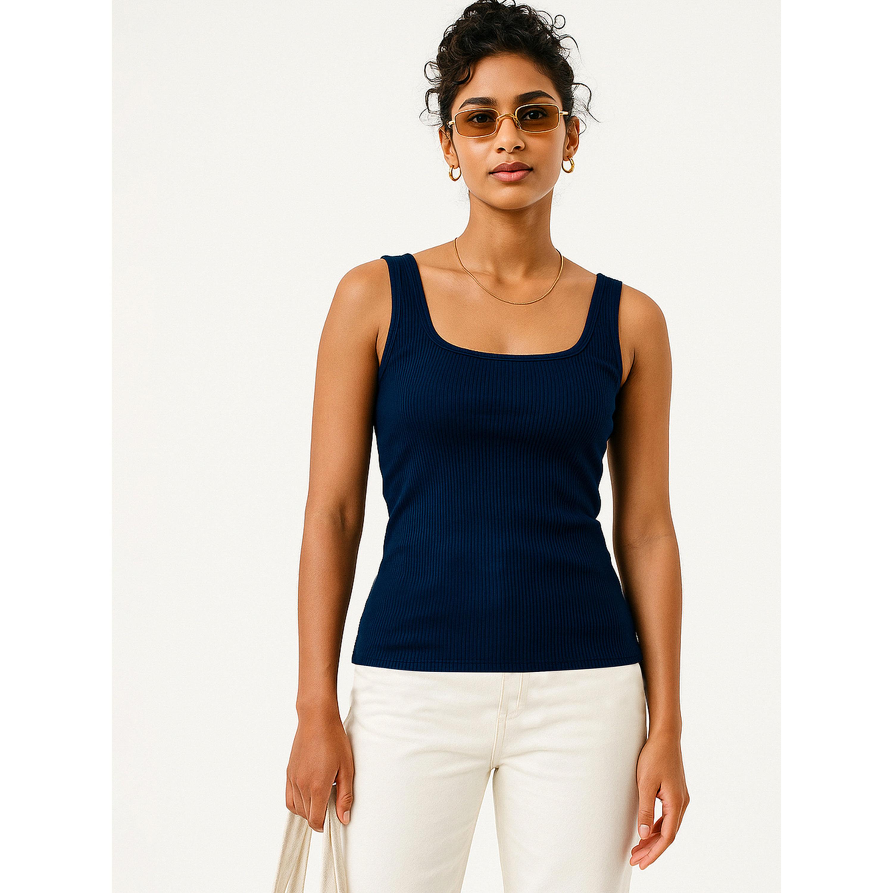 Sassafras Women Navy Blue Rib Sleeveless Top-women-clothing-tshirts-image-1