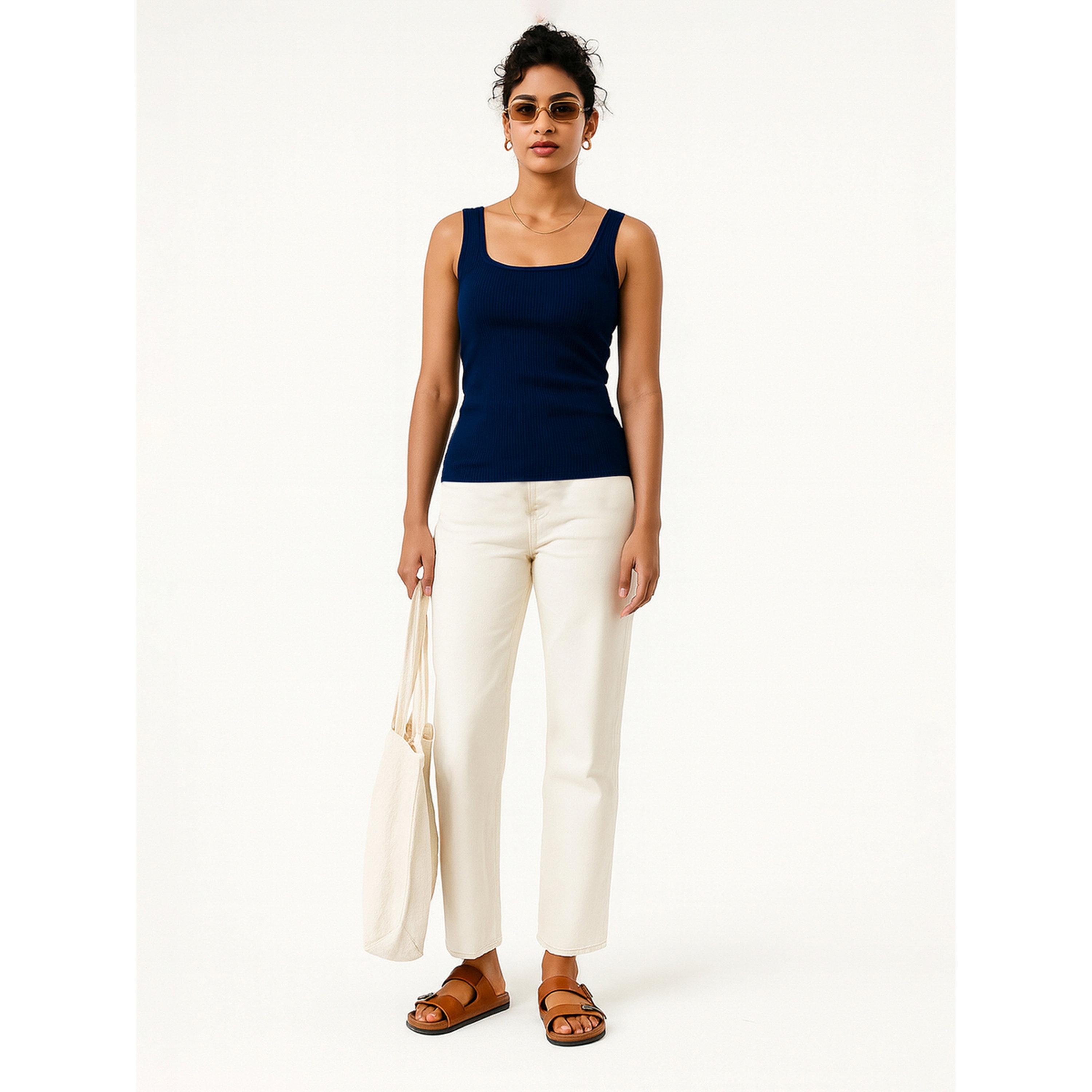 Sassafras Women Navy Blue Rib Sleeveless Top-women-clothing-tshirts-image-2