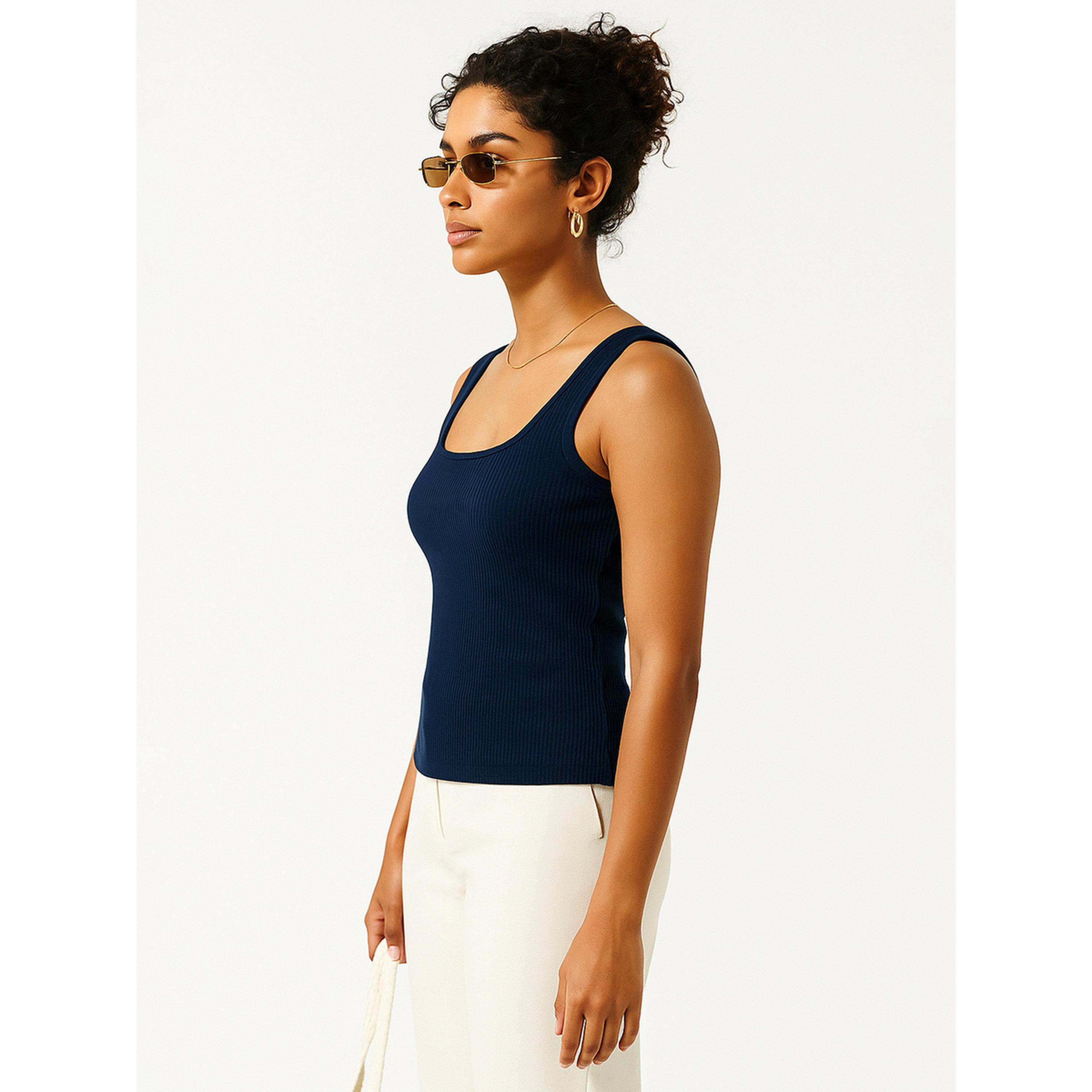 Sassafras Women Navy Blue Rib Sleeveless Top-women-clothing-tshirts-image-3
