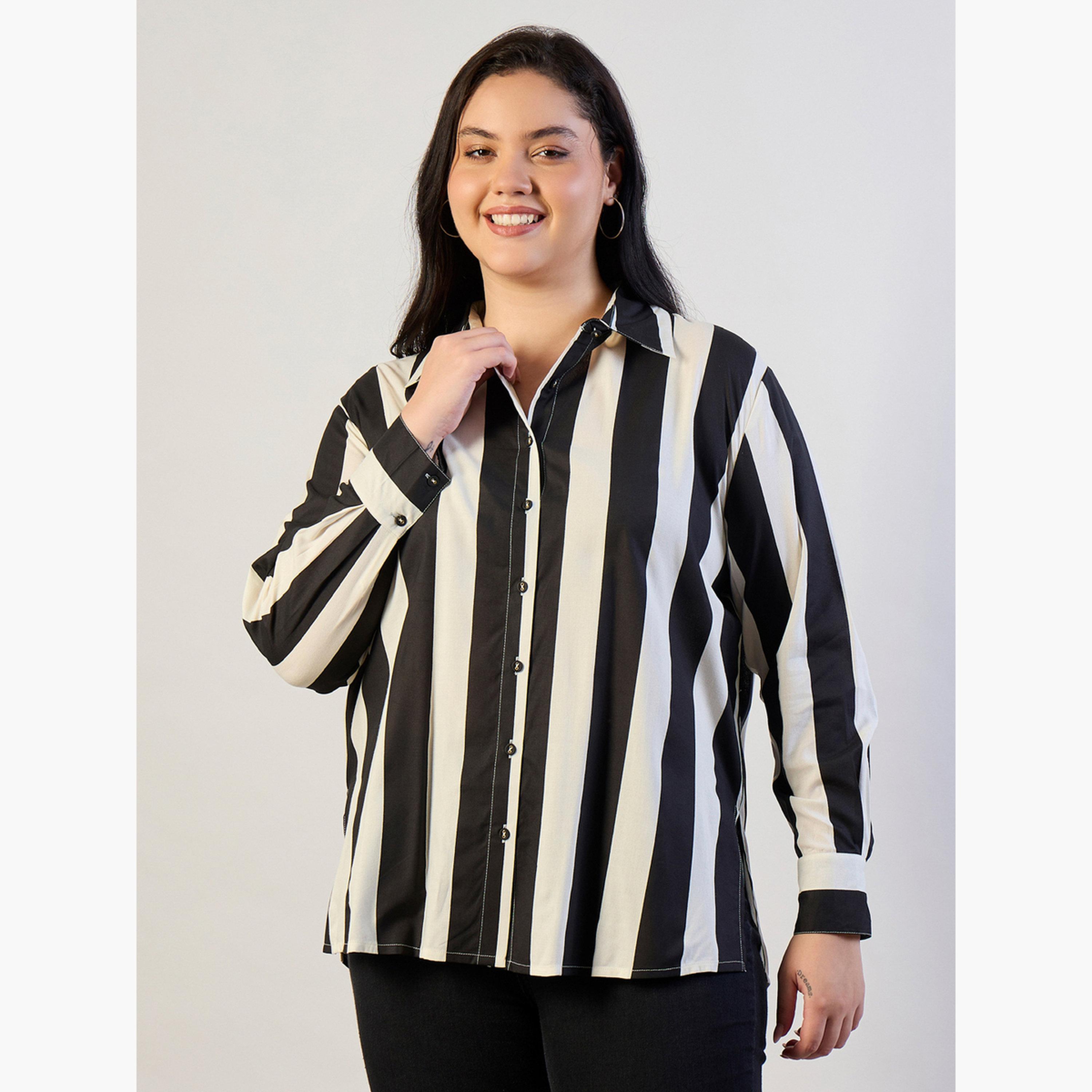 ساسافراس × ستايلي - قميص مخطط عادي مقاس واسع-women-clothing-shirtsandblouses-shirts-image-1