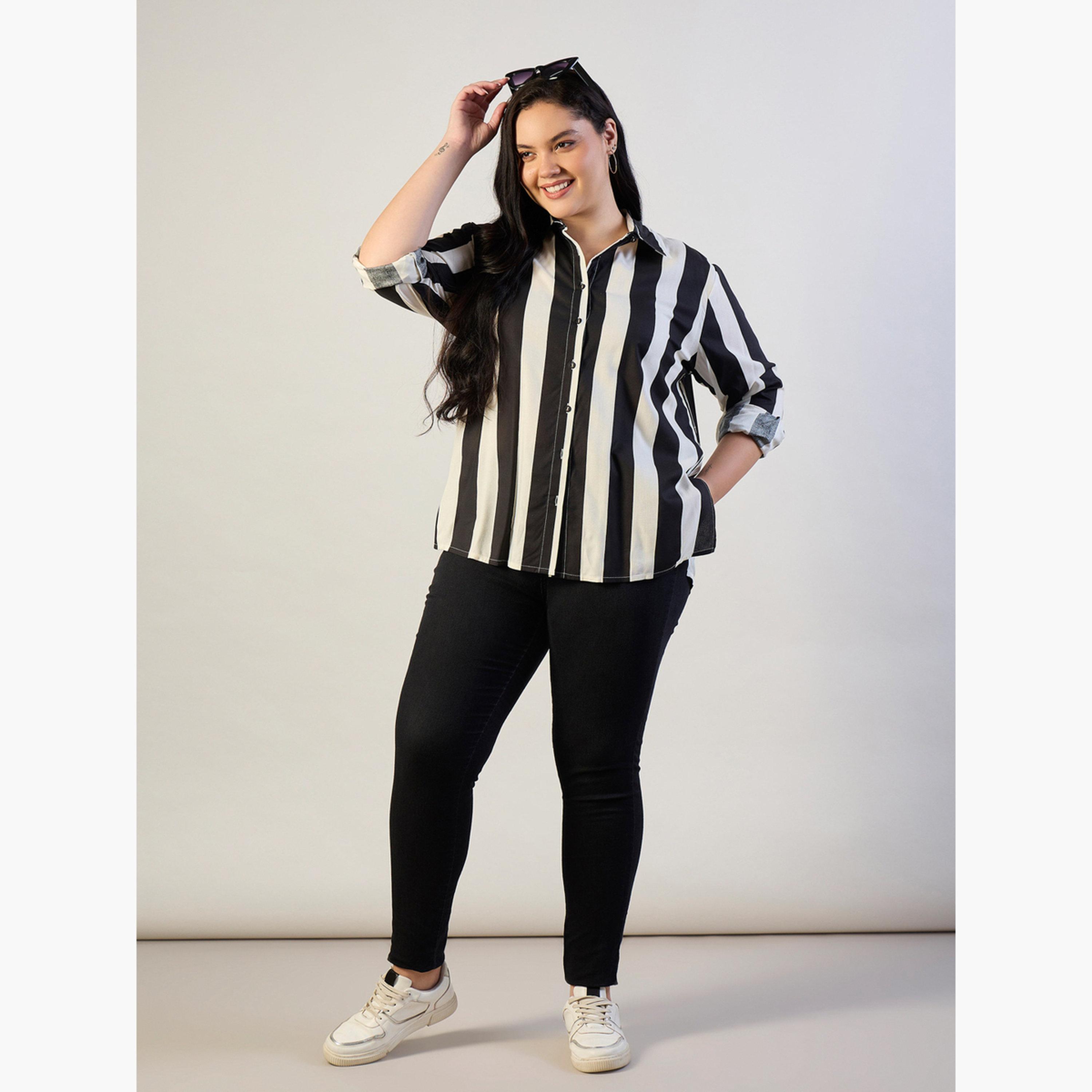 ساسافراس × ستايلي - قميص مخطط عادي مقاس واسع-women-clothing-shirtsandblouses-shirts-image-2