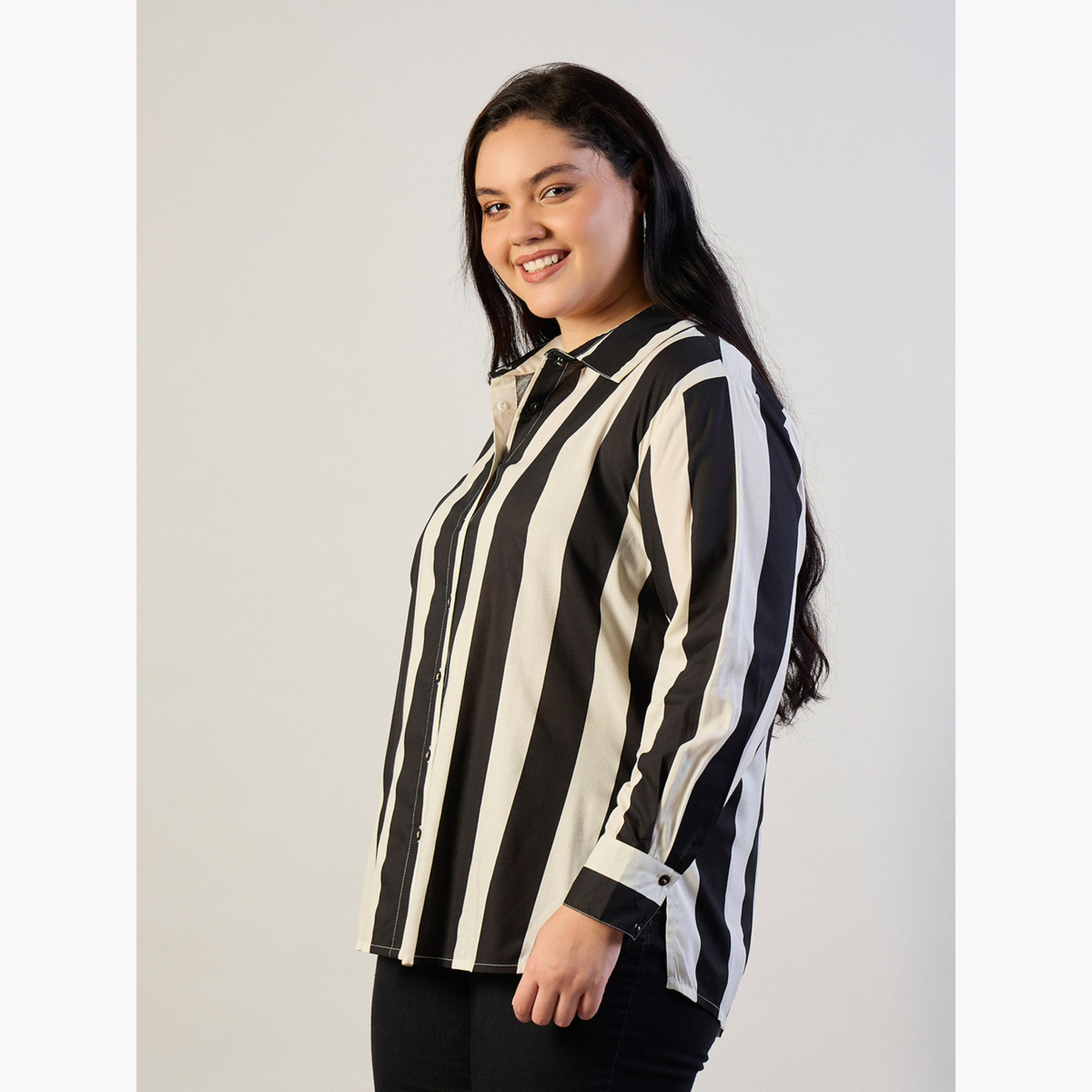 ساسافراس × ستايلي - قميص مخطط عادي مقاس واسع-women-clothing-shirtsandblouses-shirts-image-3