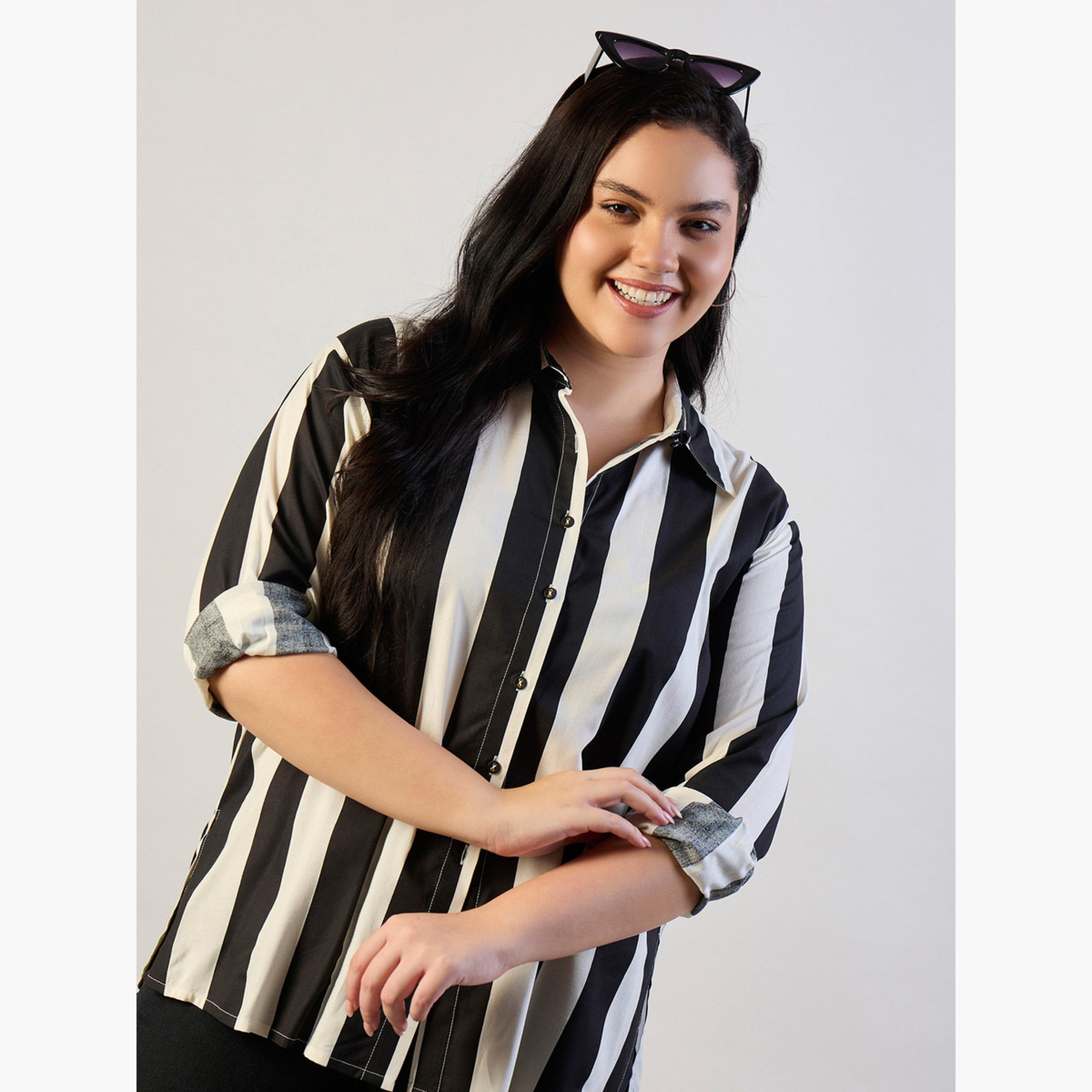 ساسافراس × ستايلي - قميص مخطط عادي مقاس واسع-women-clothing-shirtsandblouses-shirts-image-6