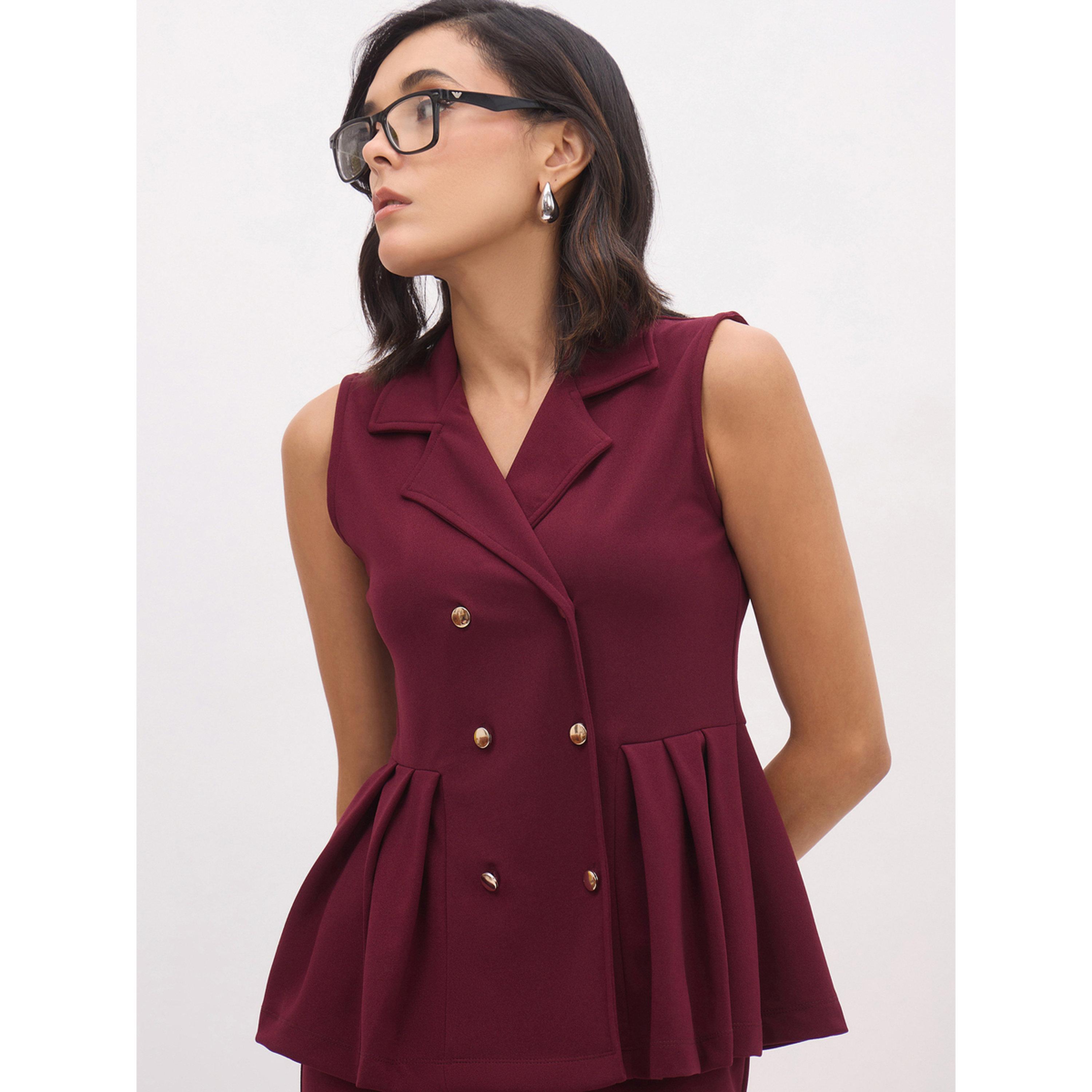 طقم منسق من تنورة وفيست بأزرار بدون أكمام بورغندي-women-clothing-coordsets-image-3