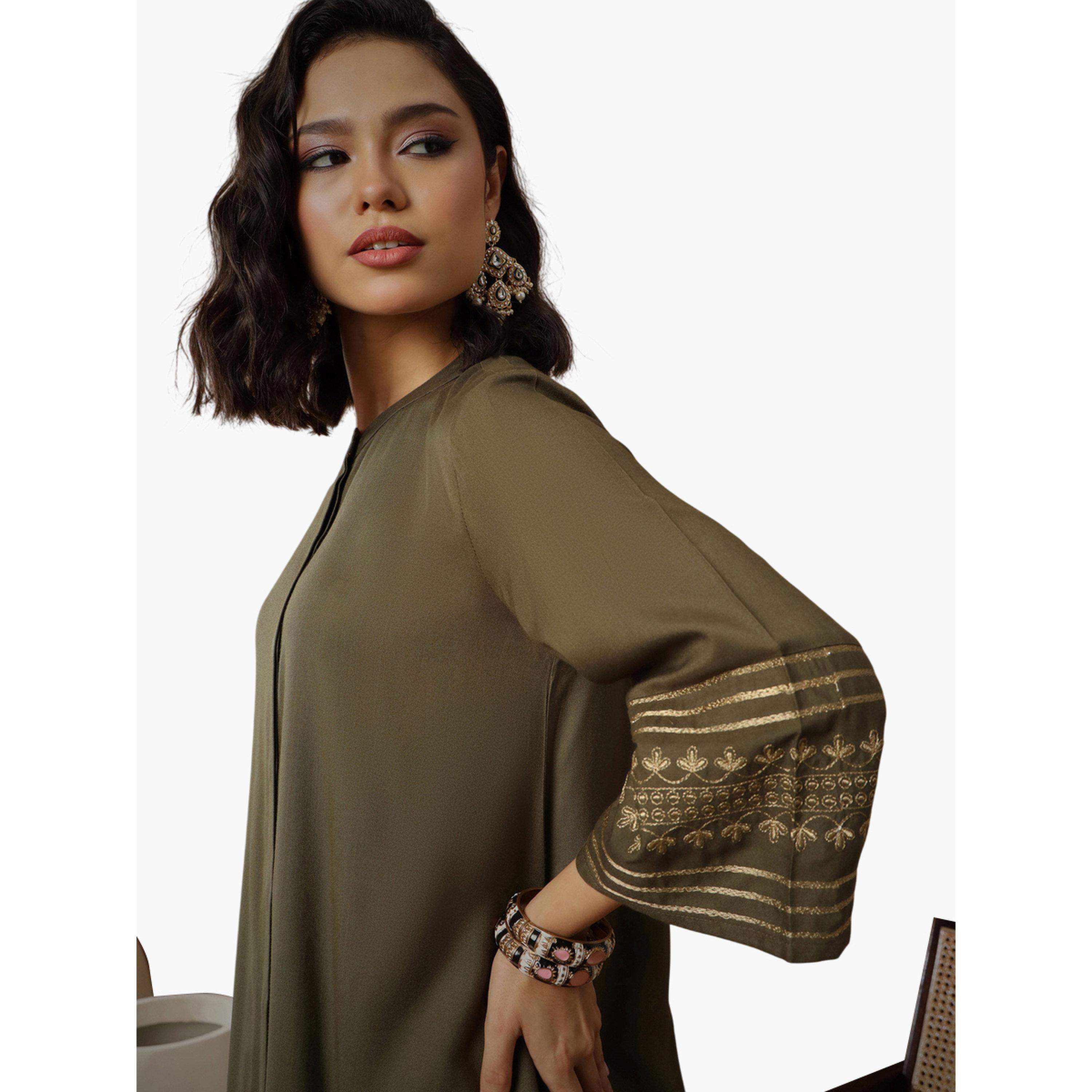 طقم منسق من بنطال وبلوزة بأكمام مطرزة بزي زيتوني-women-clothing-coordsets-image-6