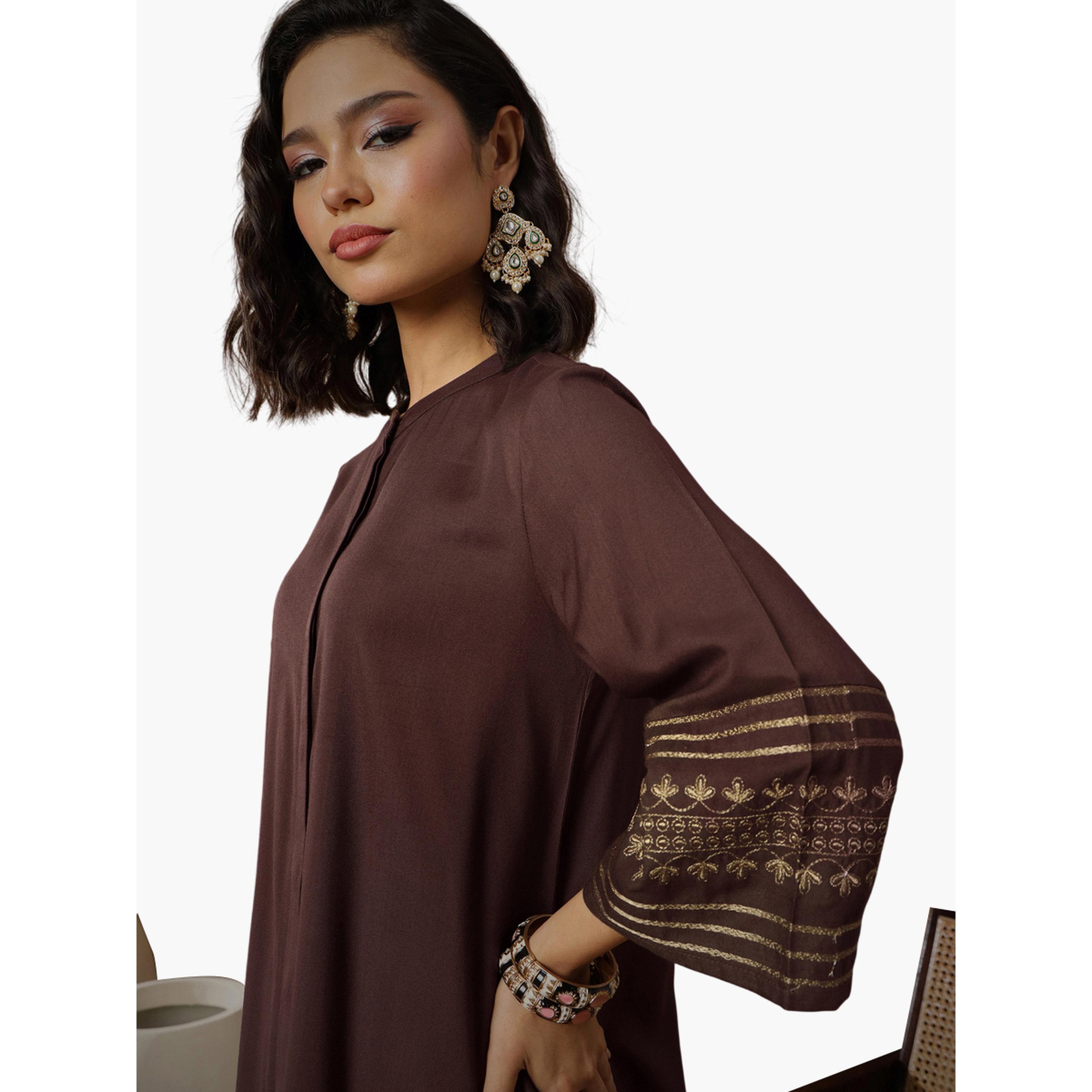 طقم منسق من بنطال وبلوزة بأكمام مطرزة بزي بني-women-clothing-coordsets-image-6