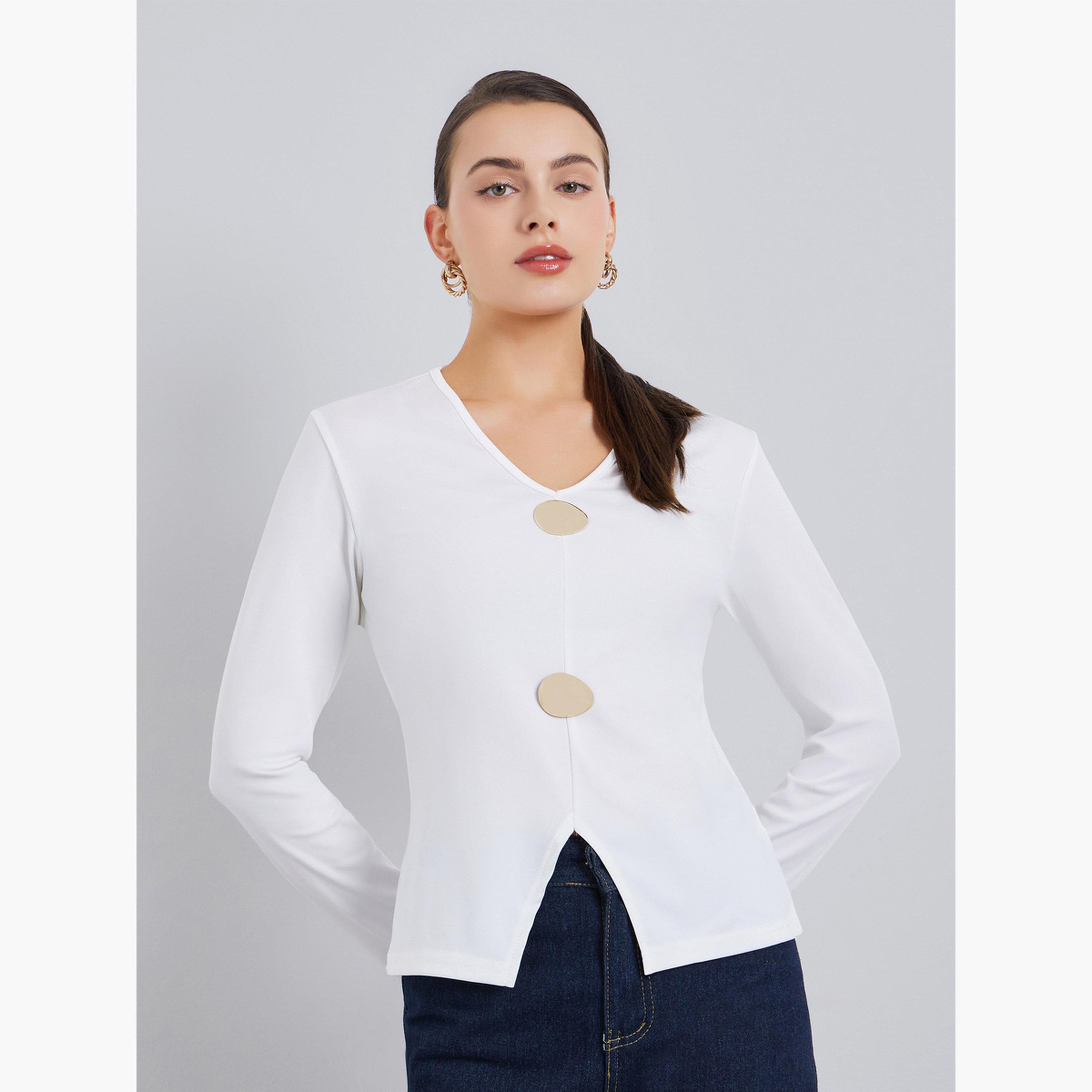 بلوزة بأكمام طويلة وتفاصيل إبزيم-women-clothing-tshirts-image-1