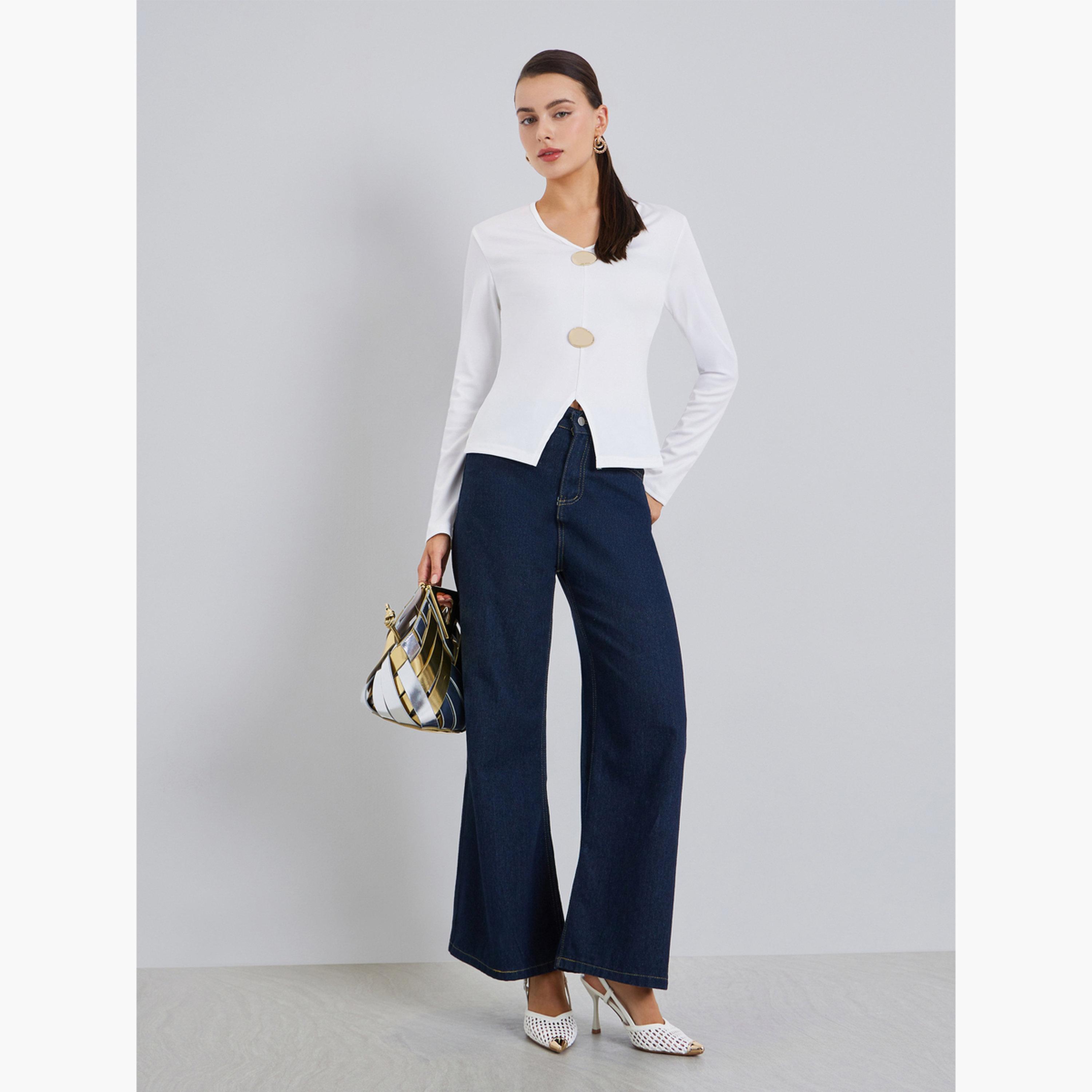 بلوزة بأكمام طويلة وتفاصيل إبزيم-women-clothing-tshirts-image-2