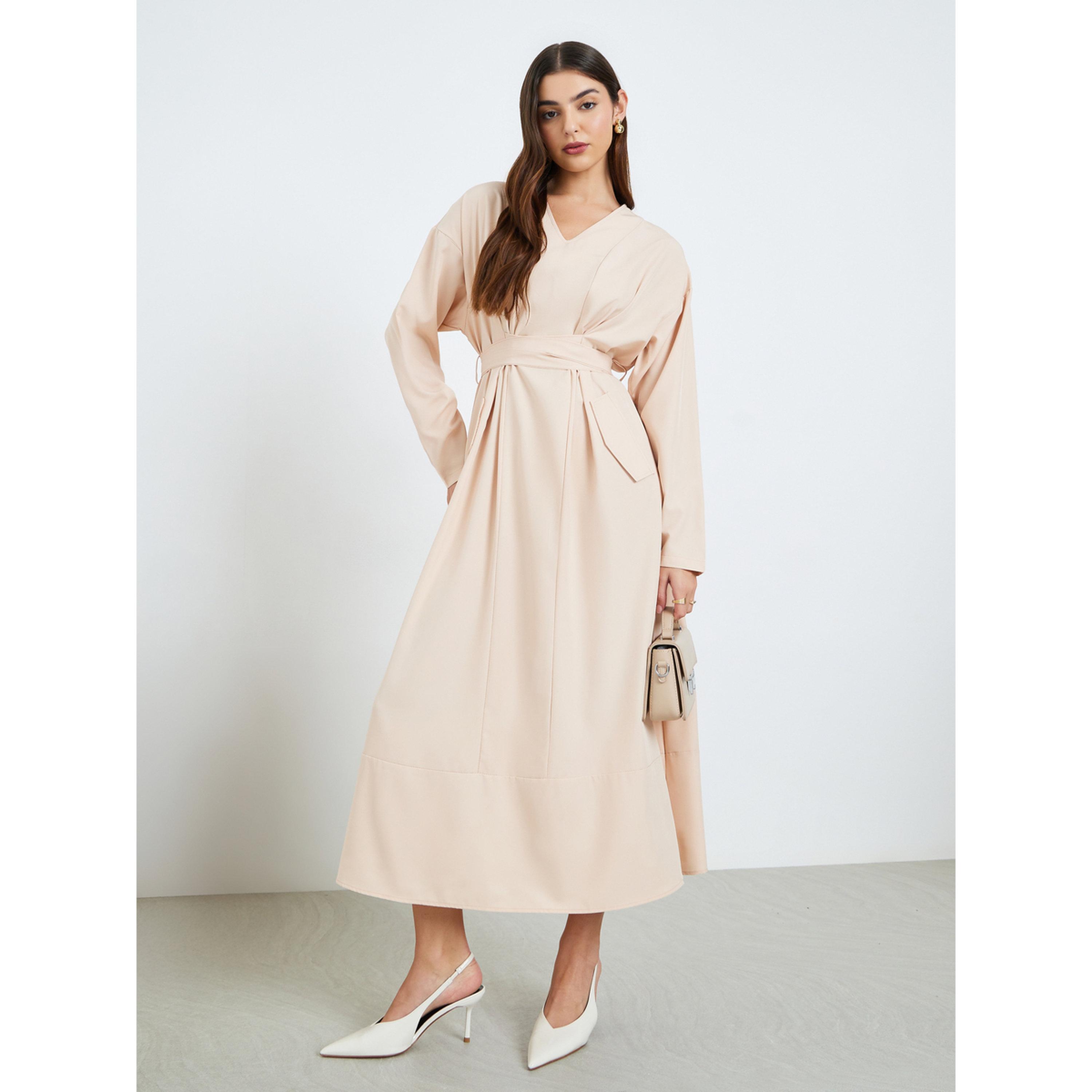 Styli Women Beige Belted Waist A-Line Maxi Dress-women-clothing-dresses-image-1
