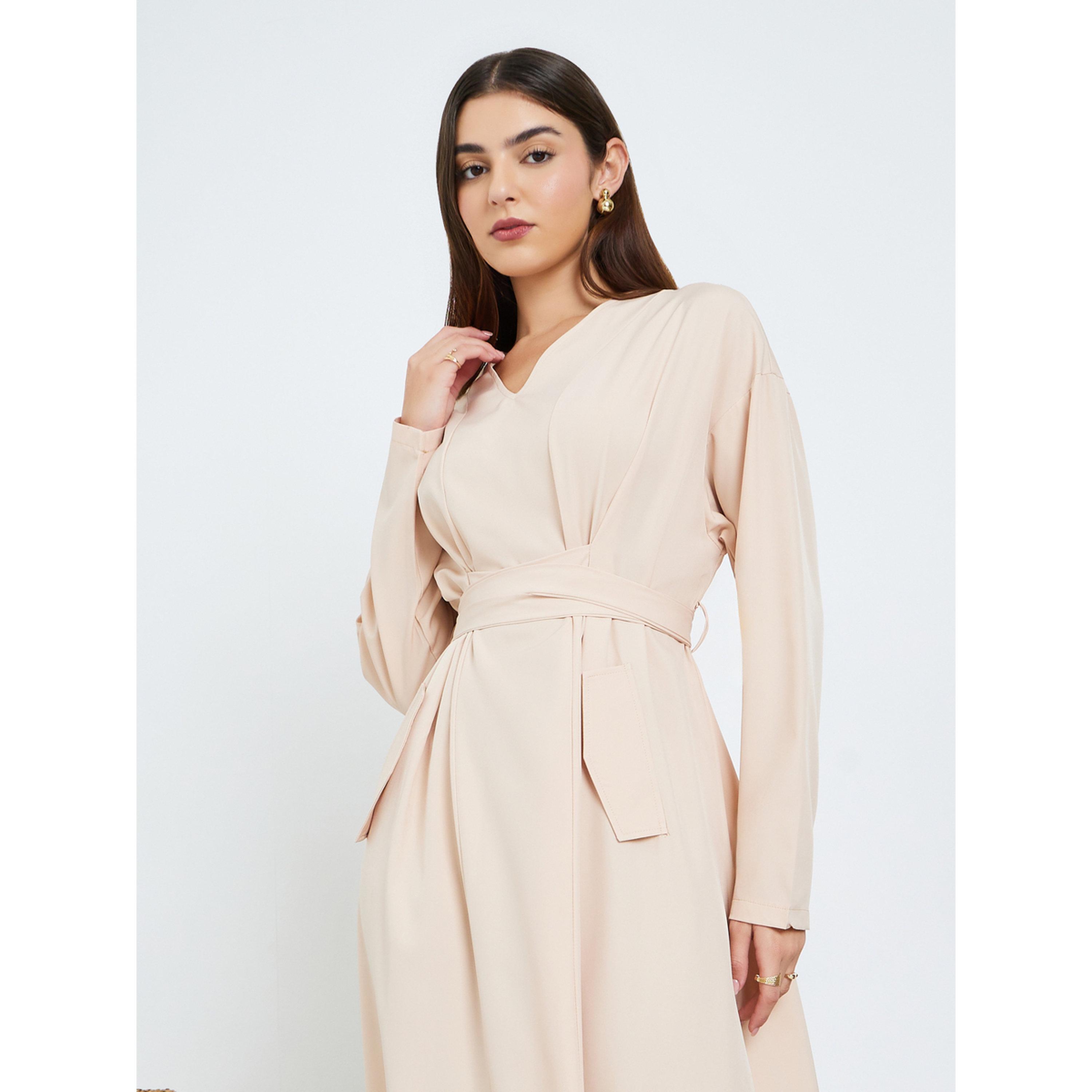 Styli Women Beige Belted Waist A-Line Maxi Dress-women-clothing-dresses-image-2