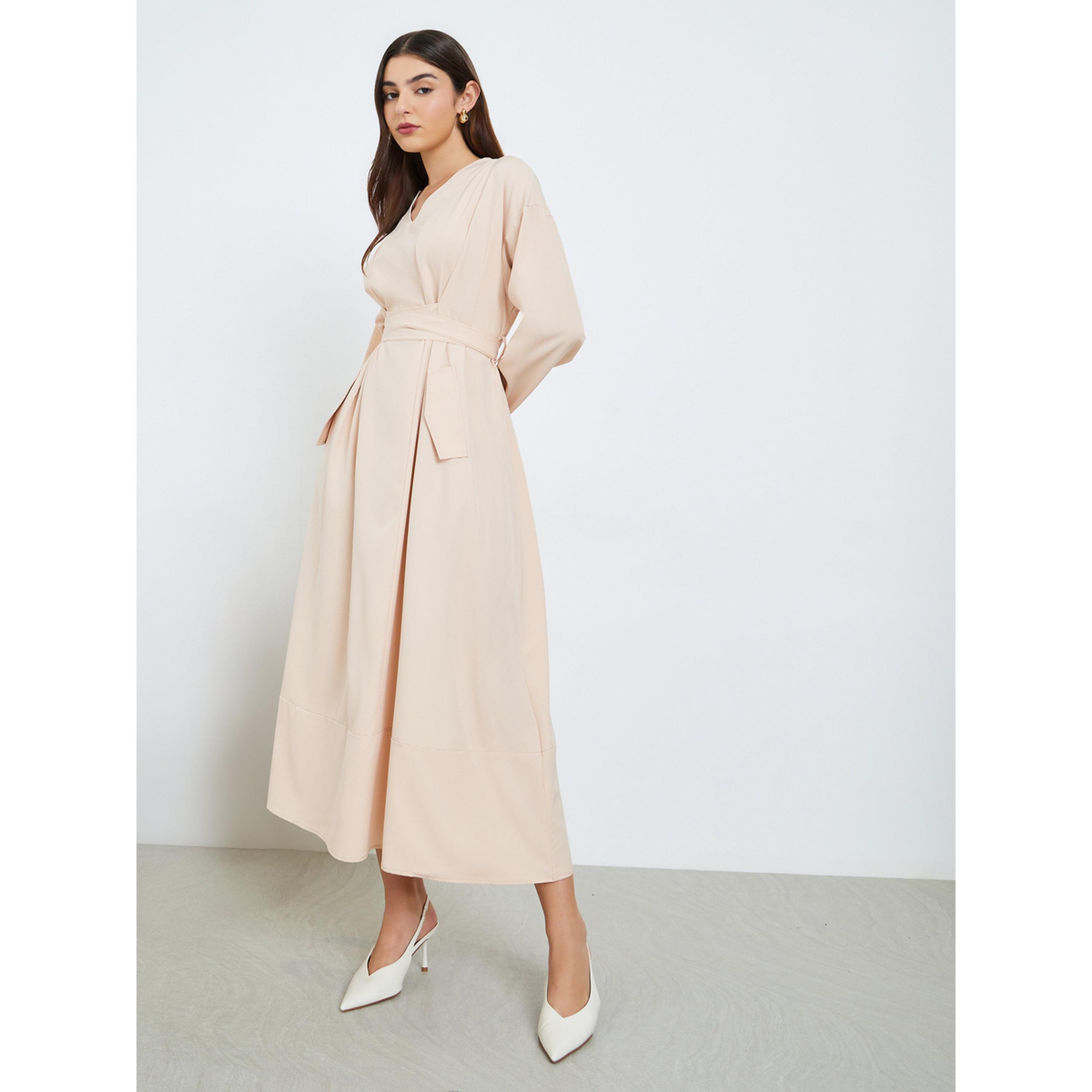 Styli Women Beige Belted Waist A-Line Maxi Dress-women-clothing-dresses-image-3