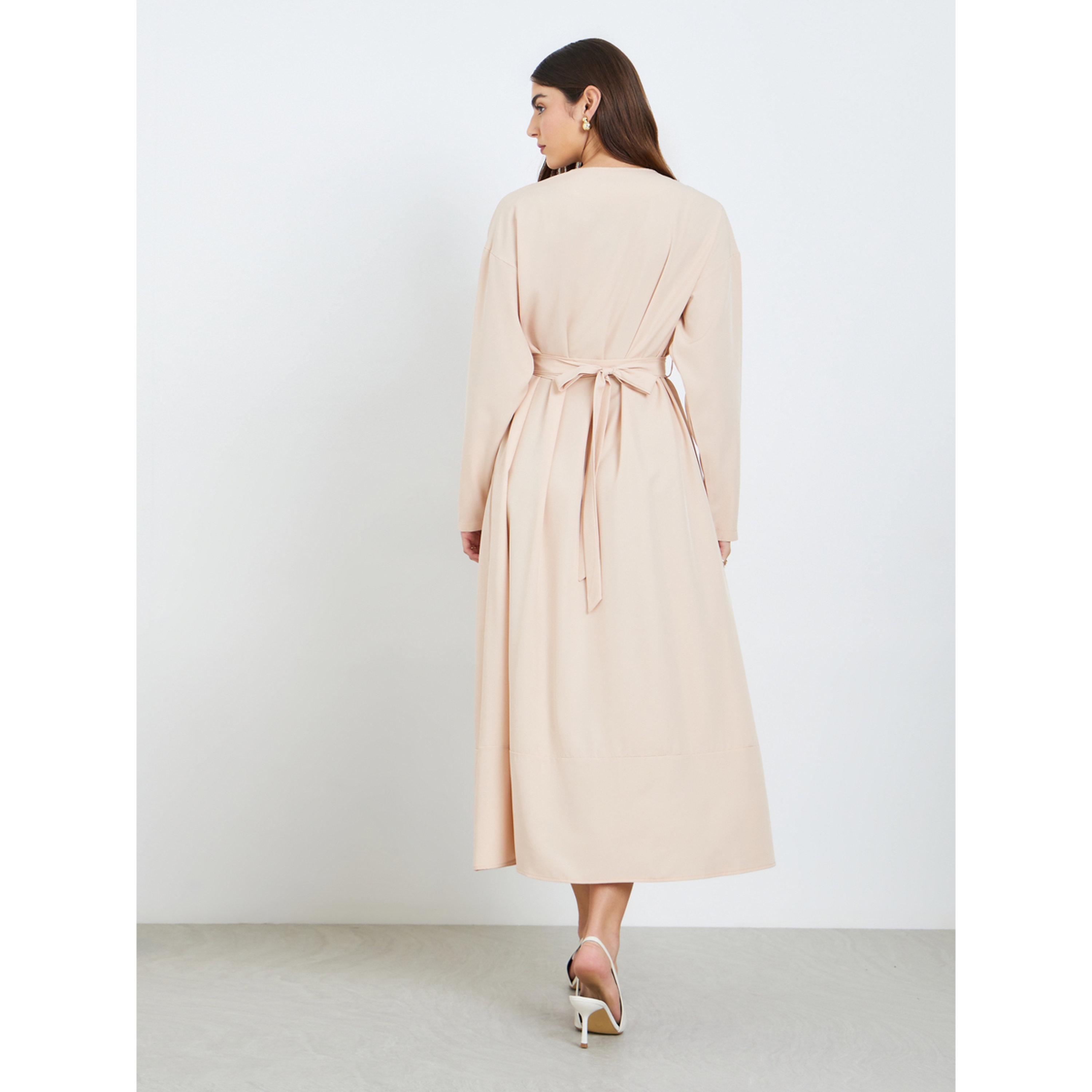 Styli Women Beige Belted Waist A-Line Maxi Dress-women-clothing-dresses-image-4