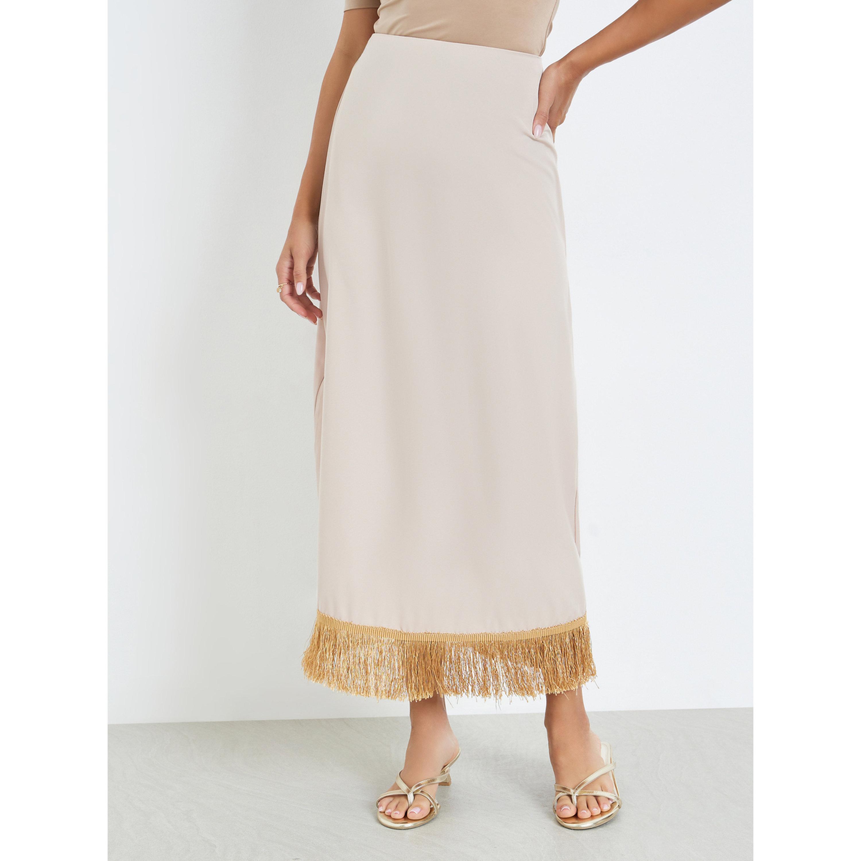 Styli Women Beige Midi Skirt with Tassel Hem-women-clothing-bottoms-skirts-image-1