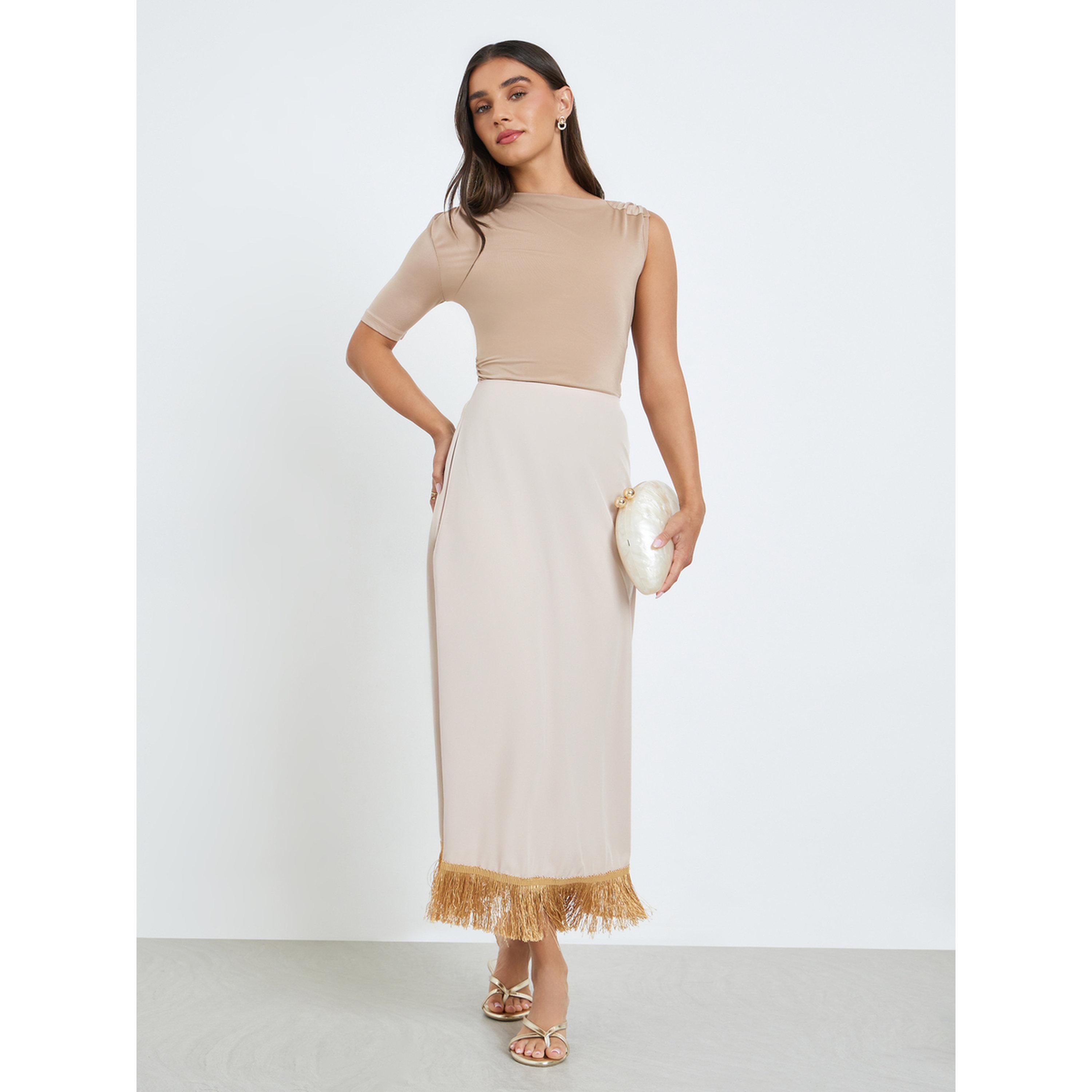Styli Women Beige Midi Skirt with Tassel Hem-women-clothing-bottoms-skirts-image-2