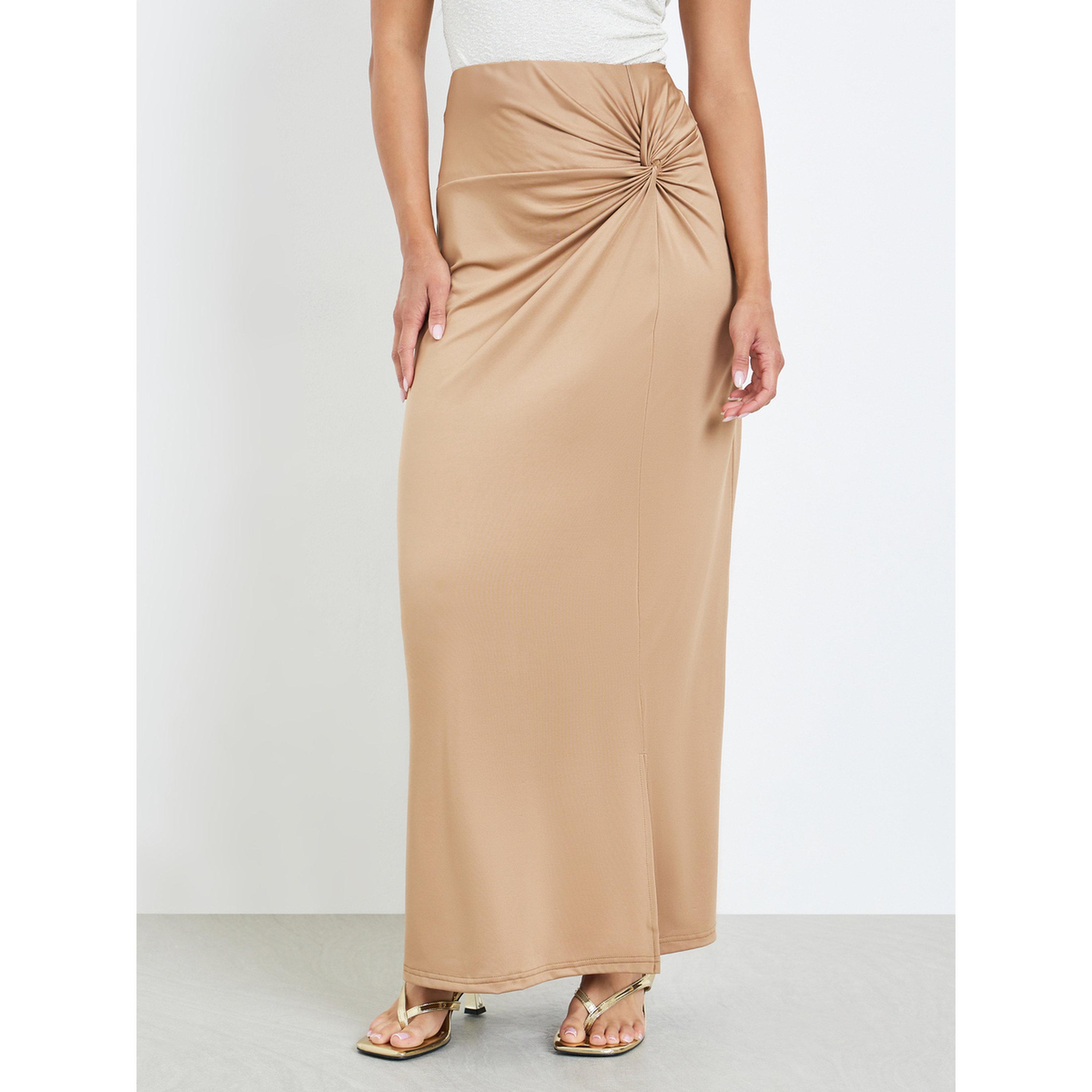 تنورة طويلة بلون كاكي وتفاصيل عقدة-women-clothing-bottoms-skirts-image-1