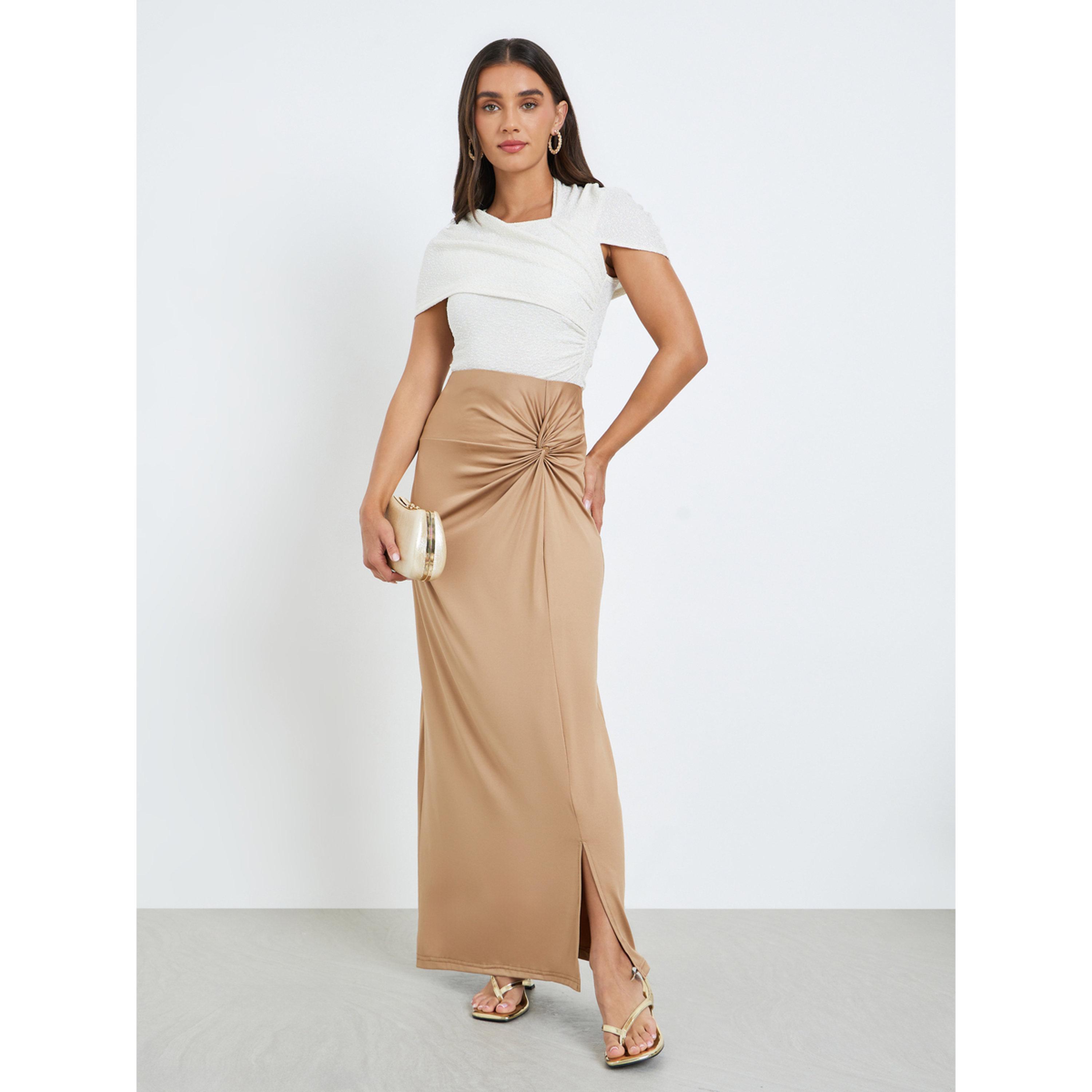 تنورة طويلة بلون كاكي وتفاصيل عقدة-women-clothing-bottoms-skirts-image-2
