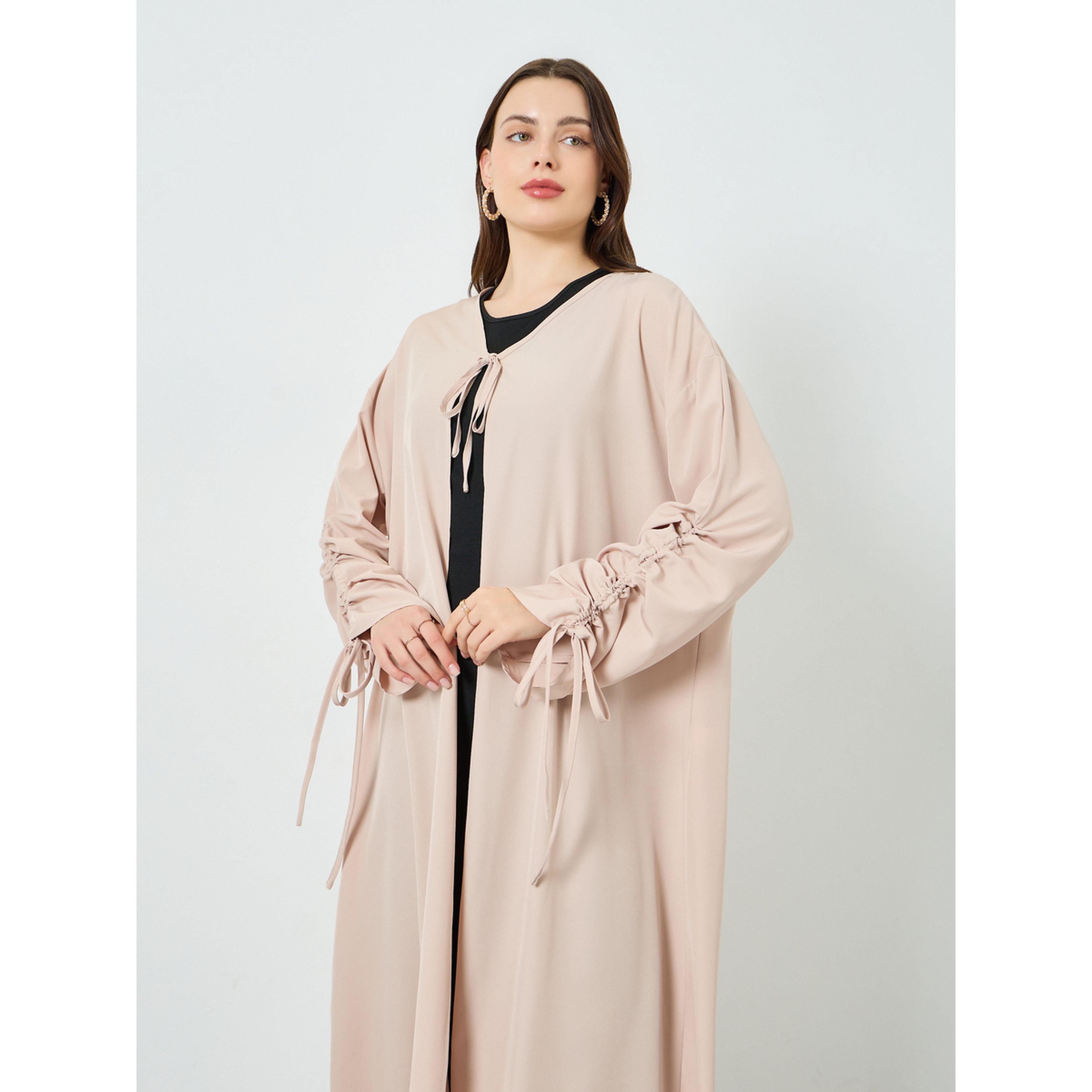 Styli Women Beige Drawstring Sleeve Front Tie Abaya-women-arabicclothing-abayas-image-2