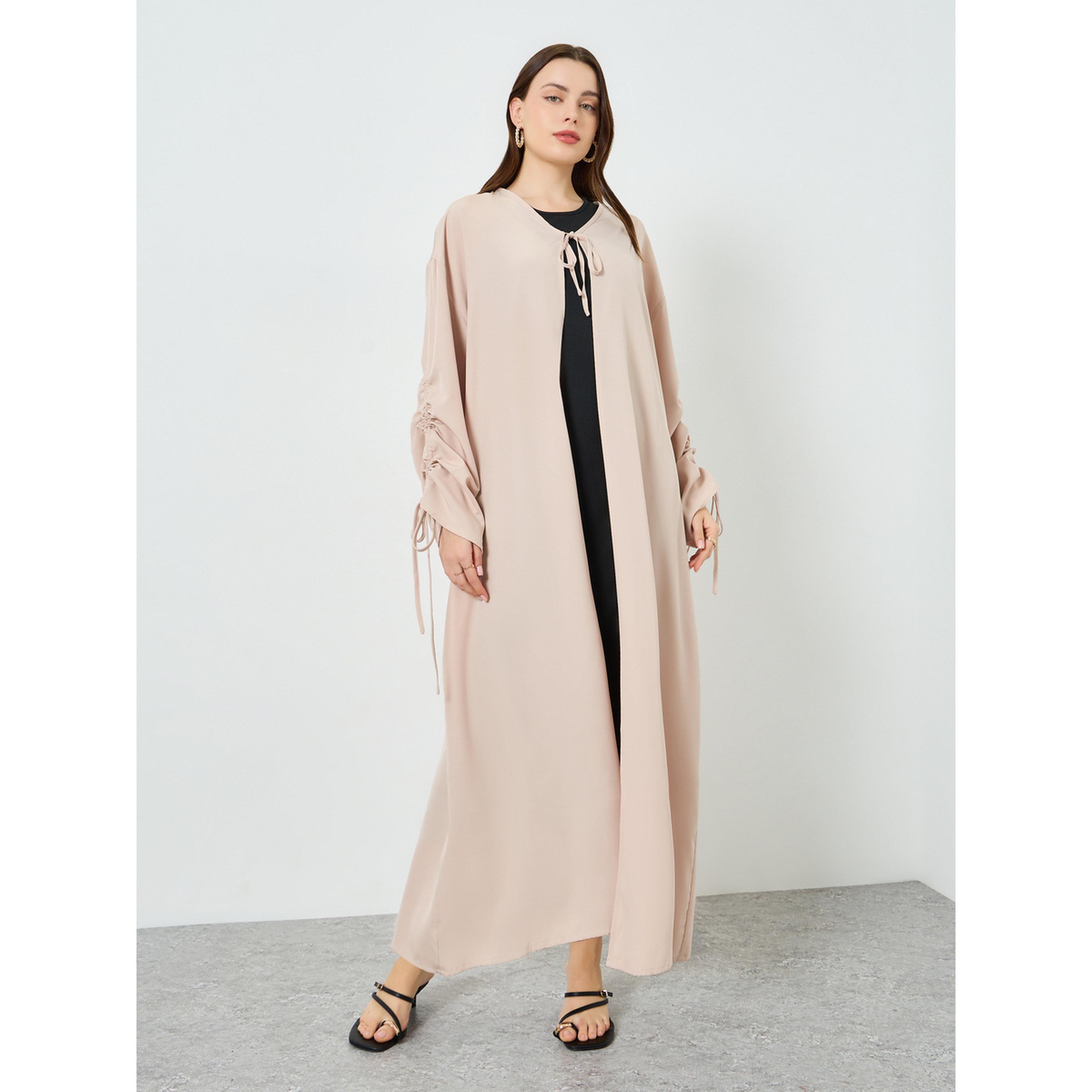 Styli Women Beige Drawstring Sleeve Front Tie Abaya-women-arabicclothing-abayas-image-3